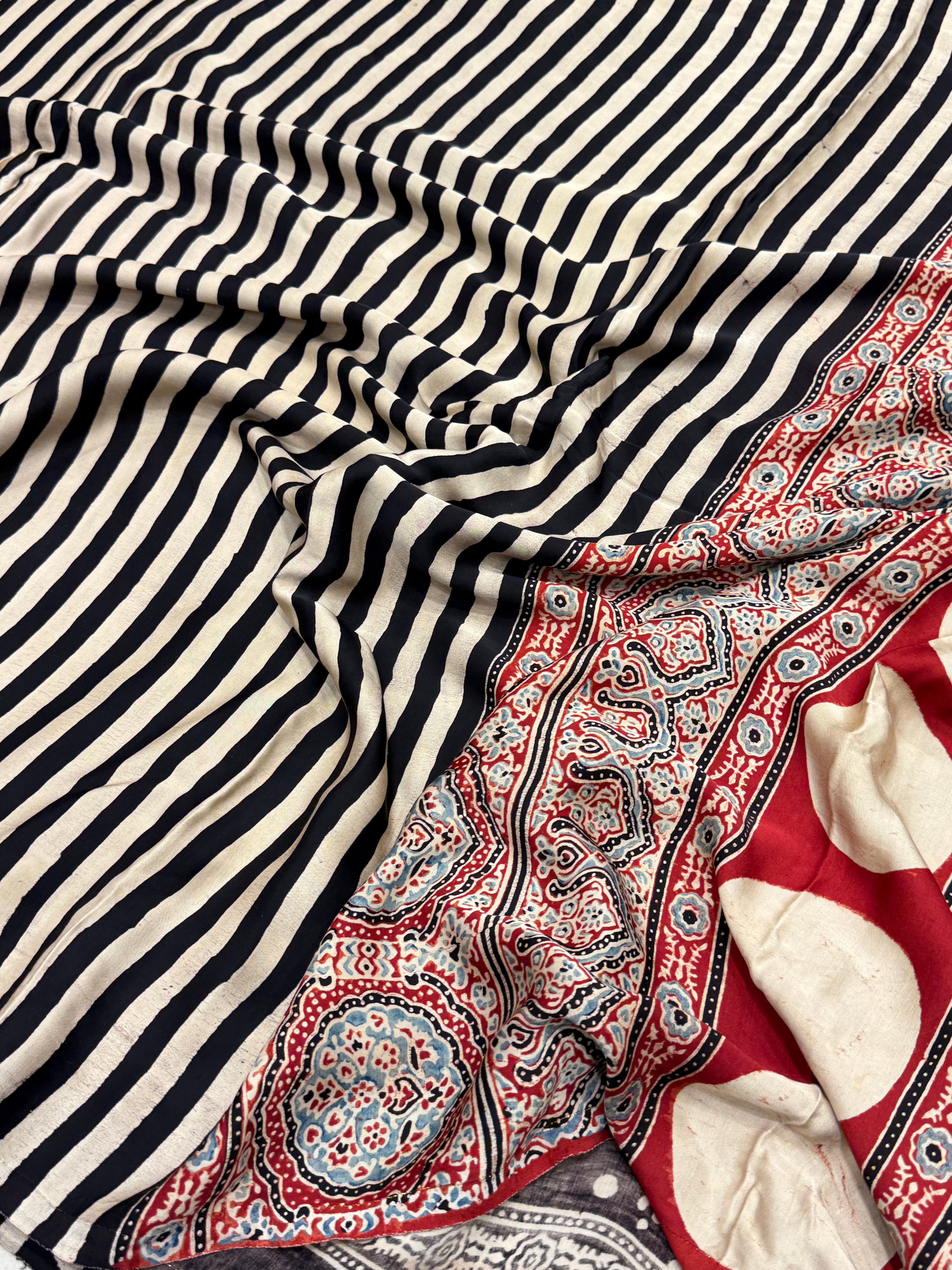 Black White Lines Contemporary Ajrakh Saree