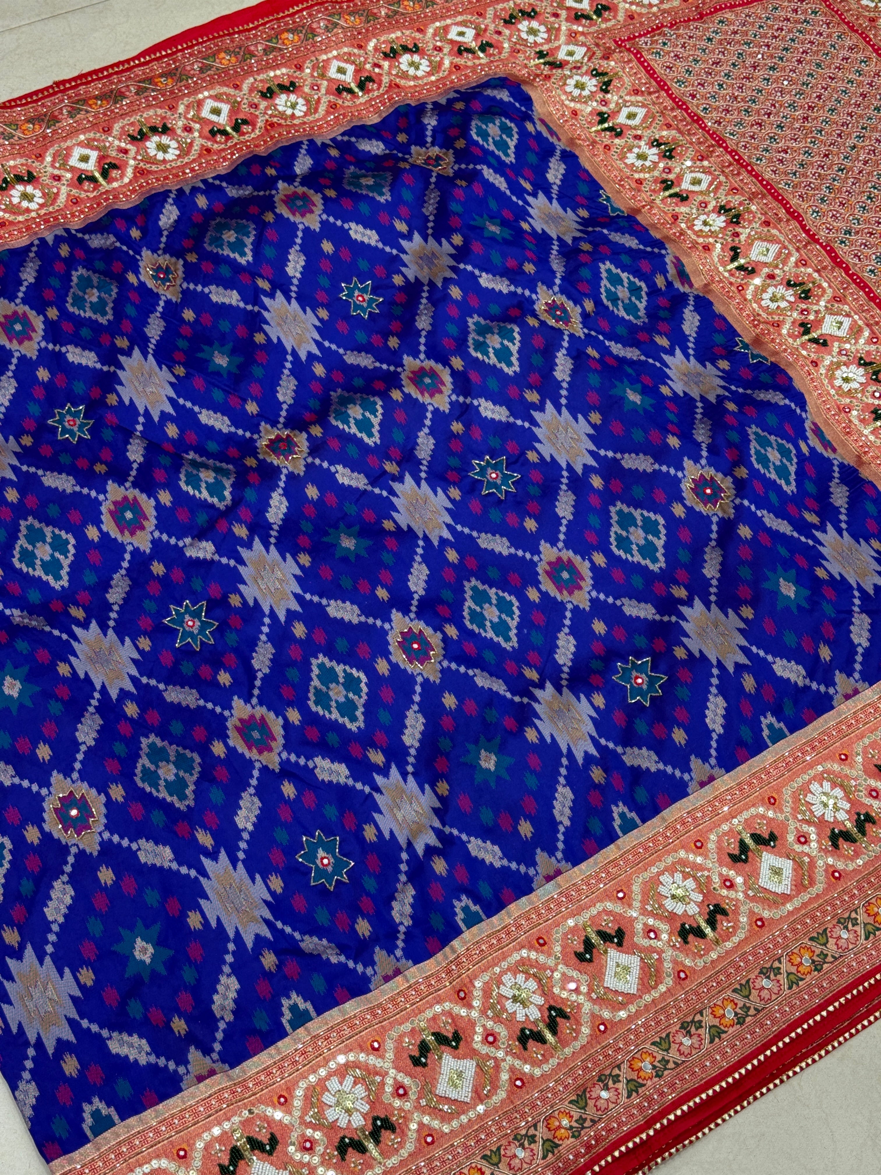 Royal Blue Patola Kidiya Moti Embroidery Saree
