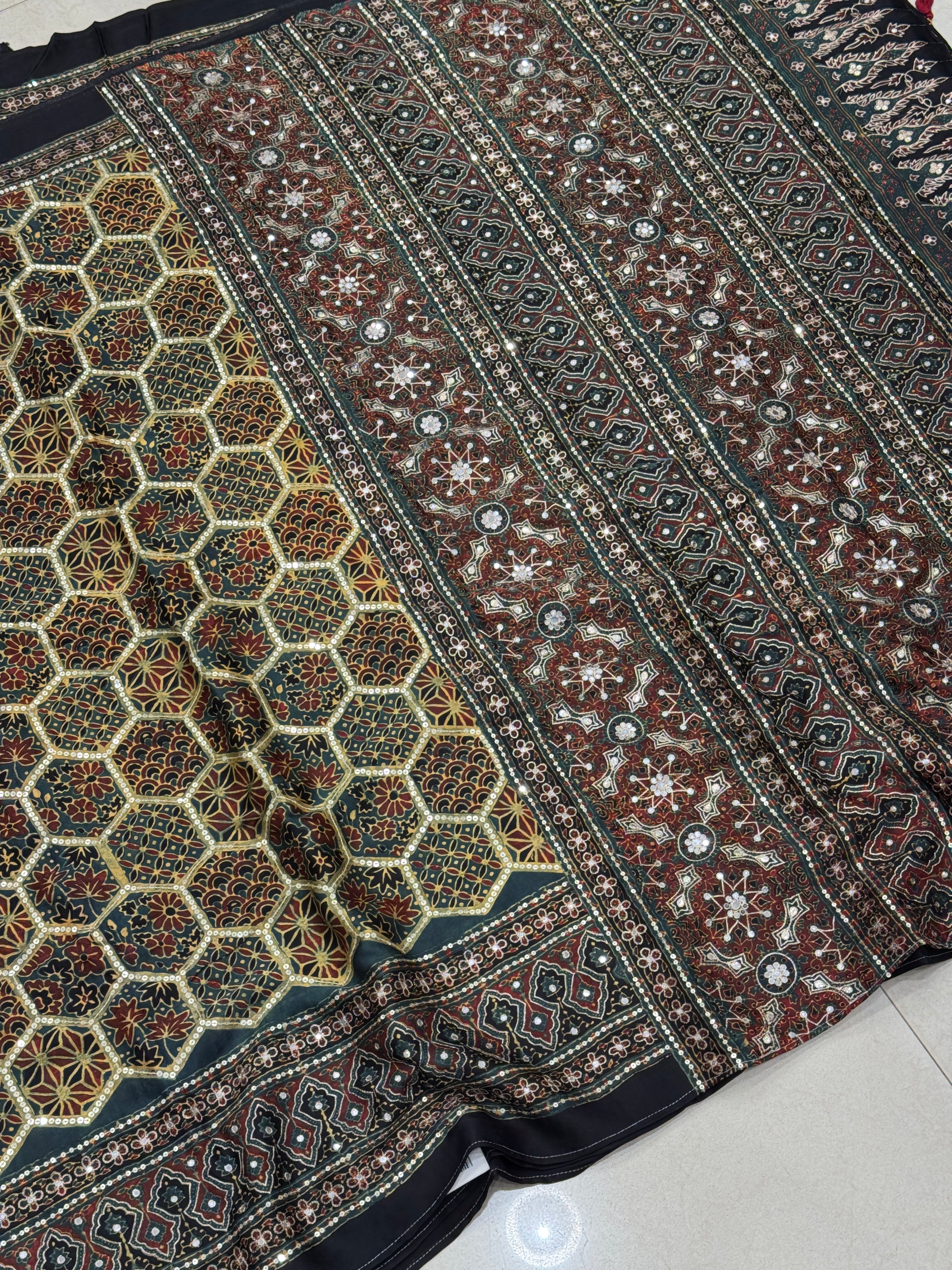 Mustard Rama Jaal Abstract Pita Sequin Ajrakh Hand Embroidery Saree