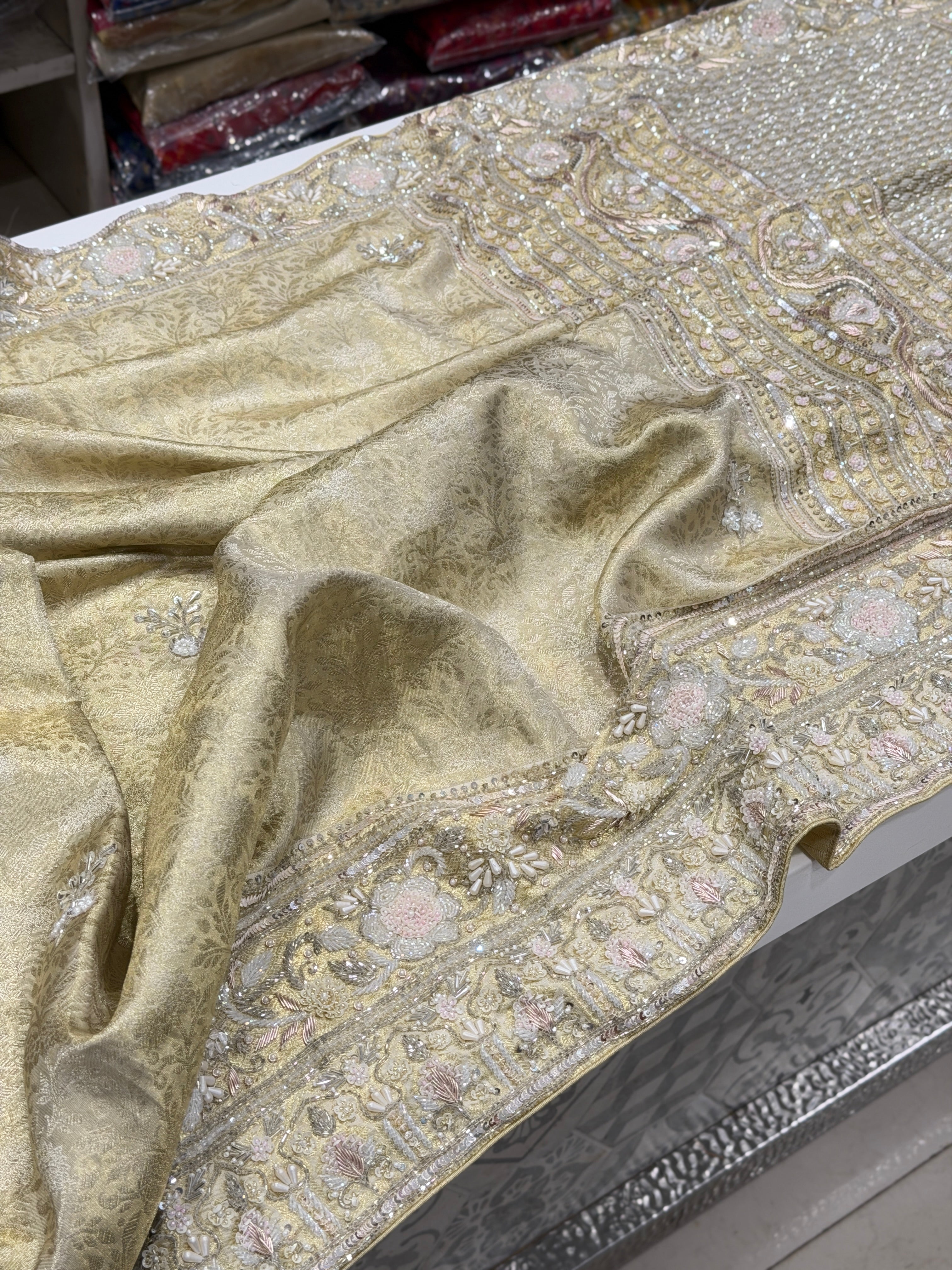 Light Golden Kanjivaram Moti Zardosi Hand Embroidery Saree