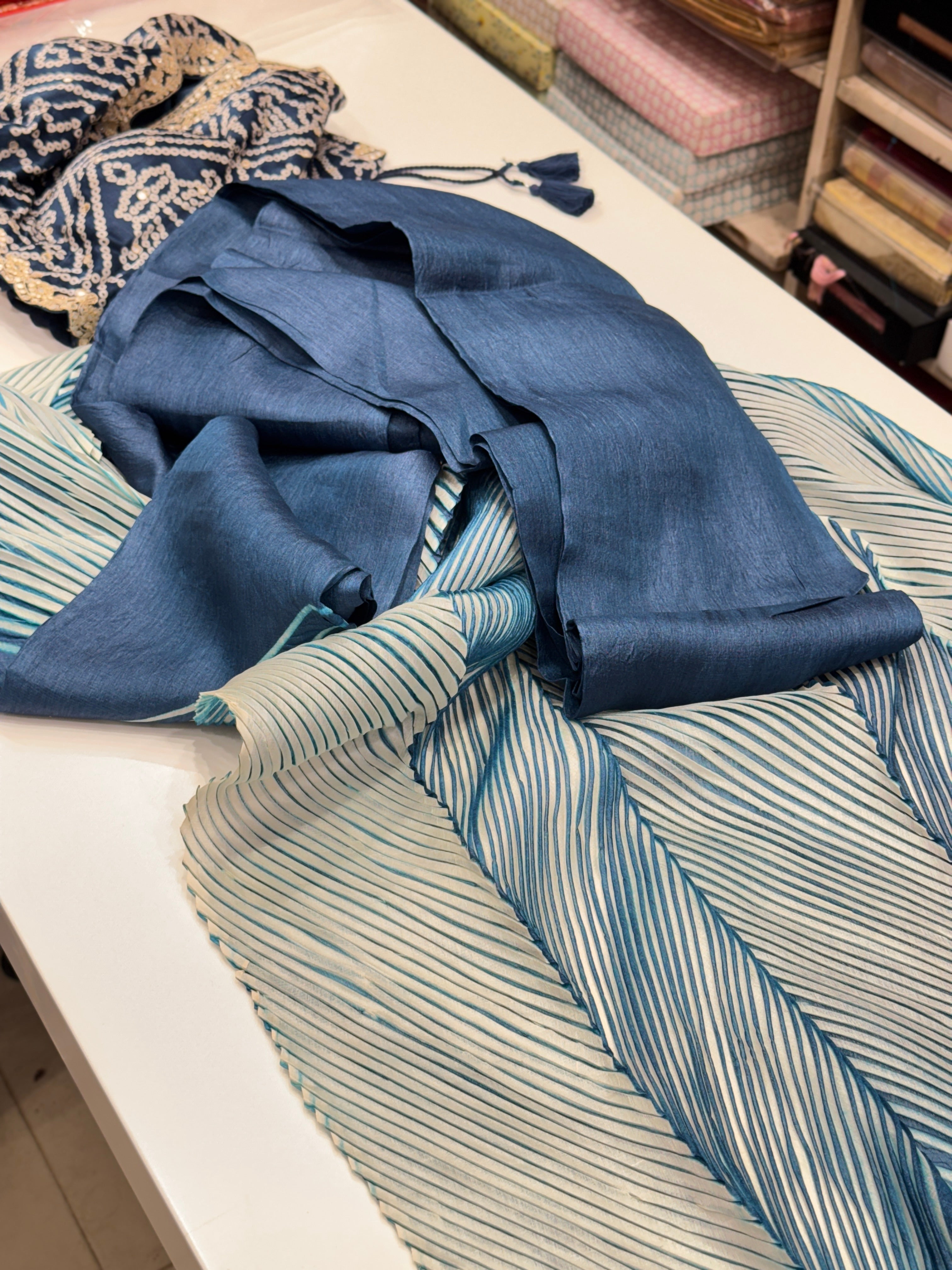 Blue Crushed Tussor with Ready Blouse Saree