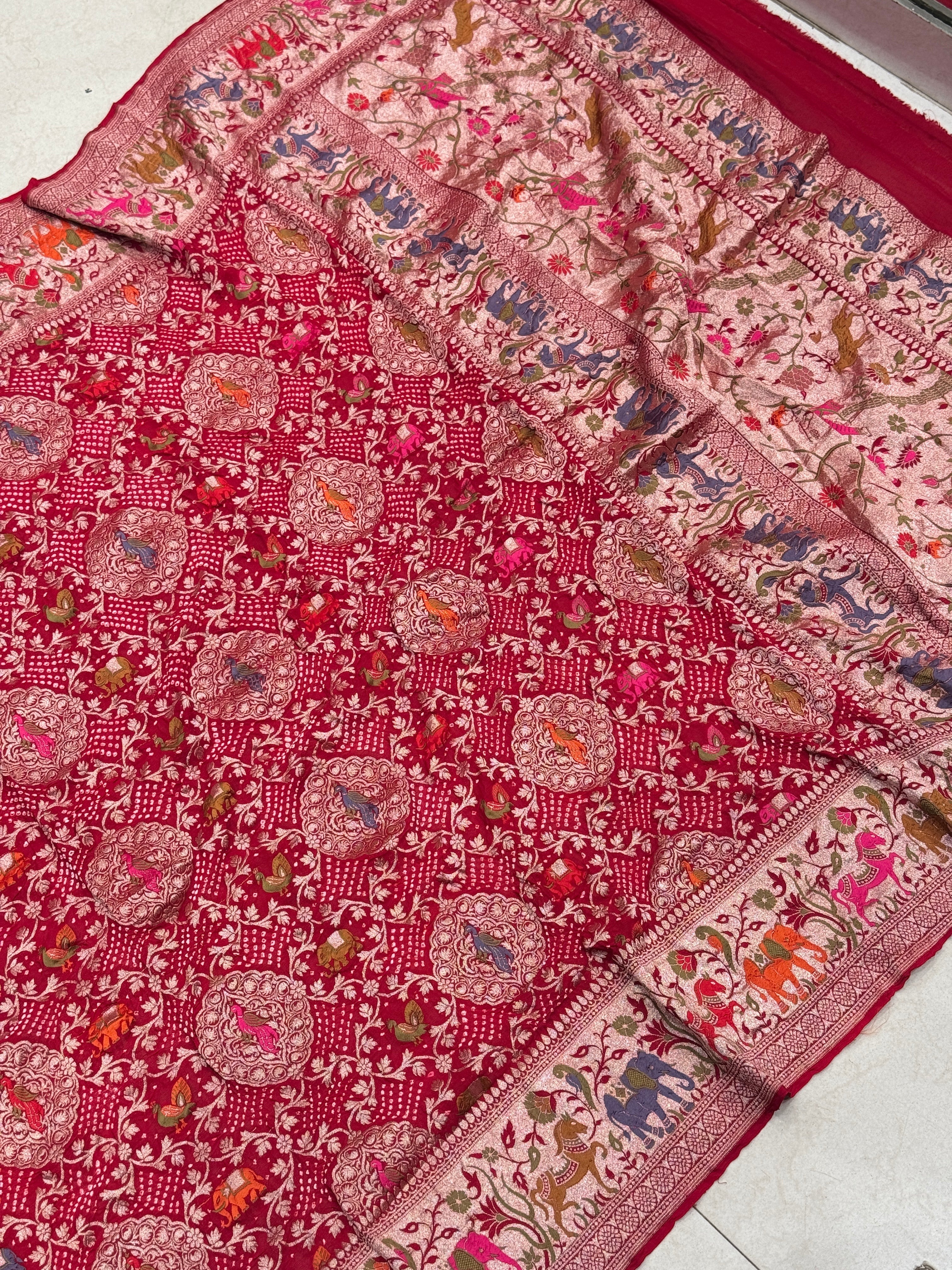 Red Shikargah Meenakari Rai Bandhej Georgette Dupatta