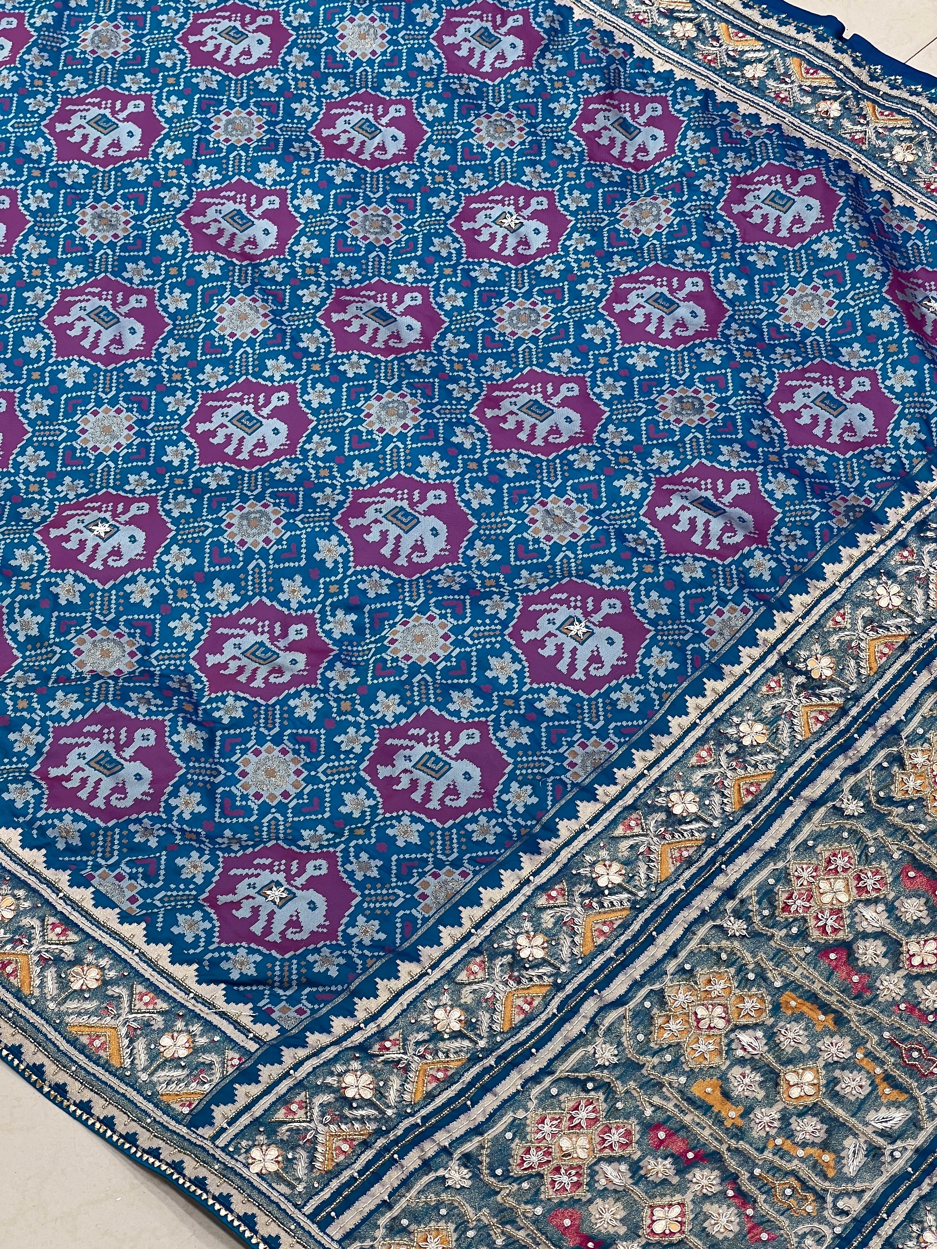 Blue Elephant Patola Hand Embroidery Saree