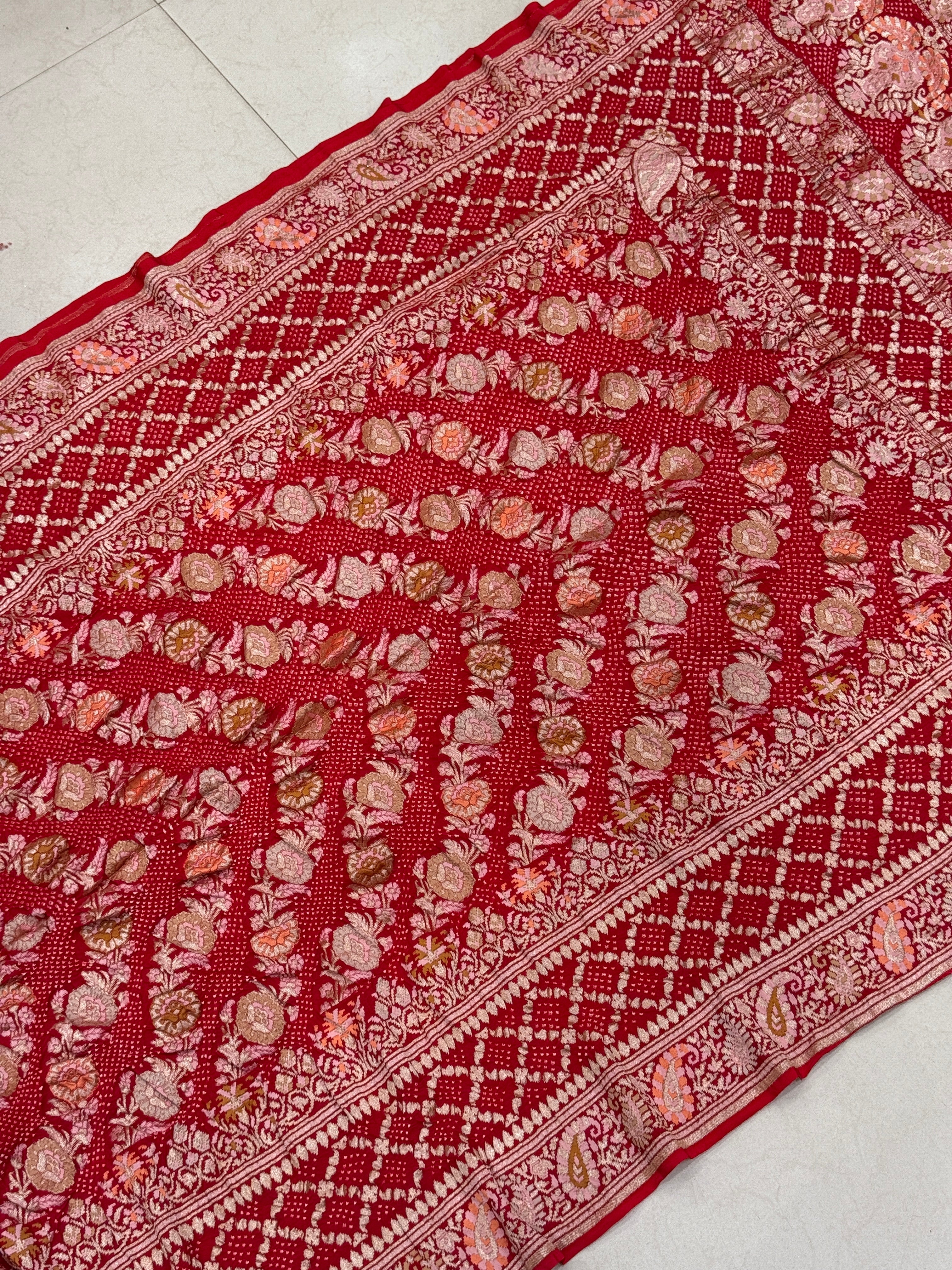 Red Double Border Meenakari Rai Bandhej Georgette Bandhini Saree