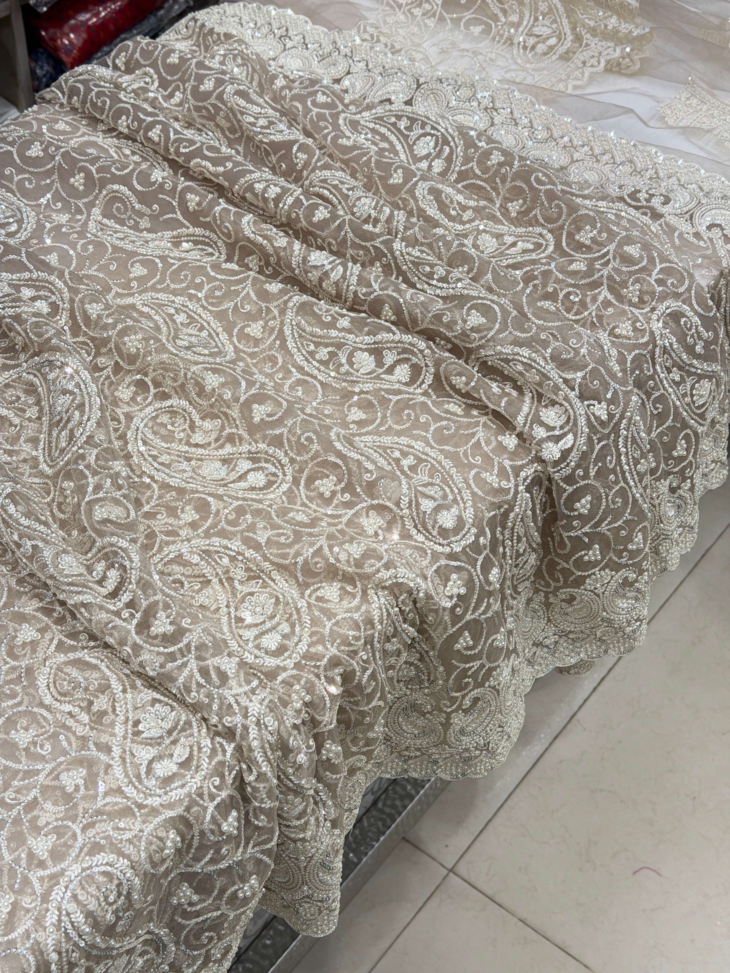 Champagne Keri Jaal Net Resham Moti Embroidery Soft Saree