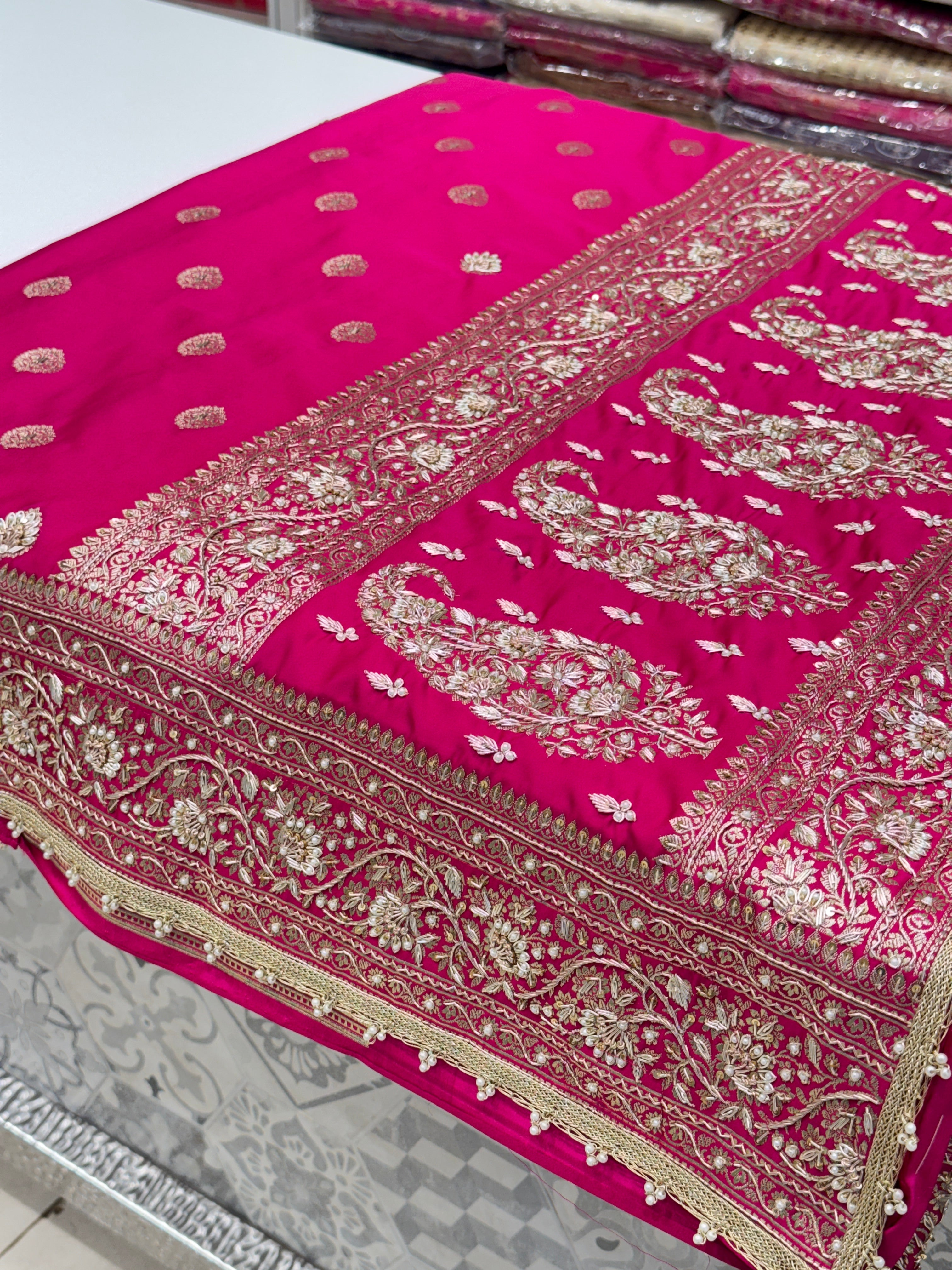 Rani Pink Banarasi Zardosi Knot Embroidery Saree