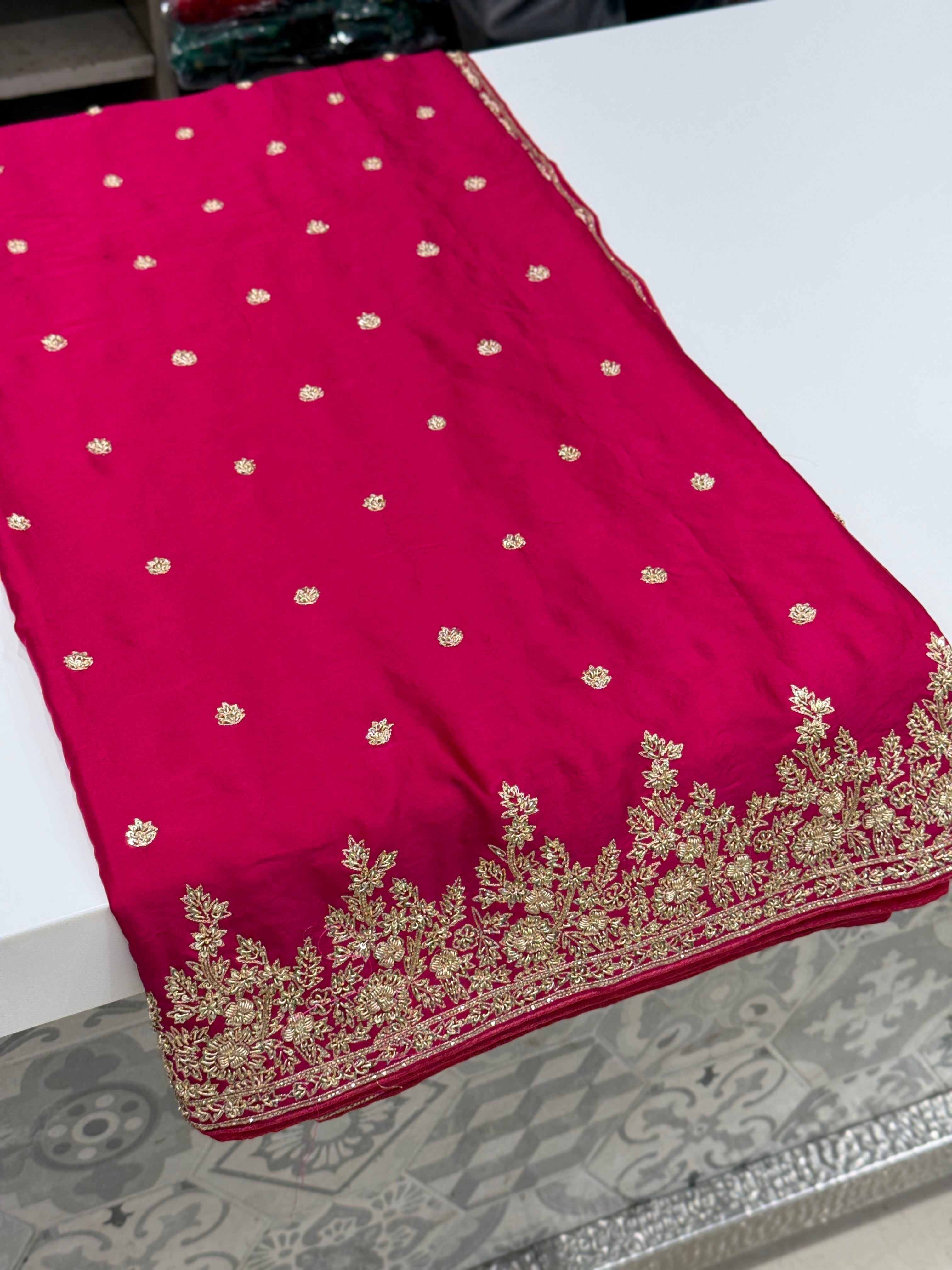 Rani Pink Small Buttis Satin Hand Embroidery Zardosi Saree