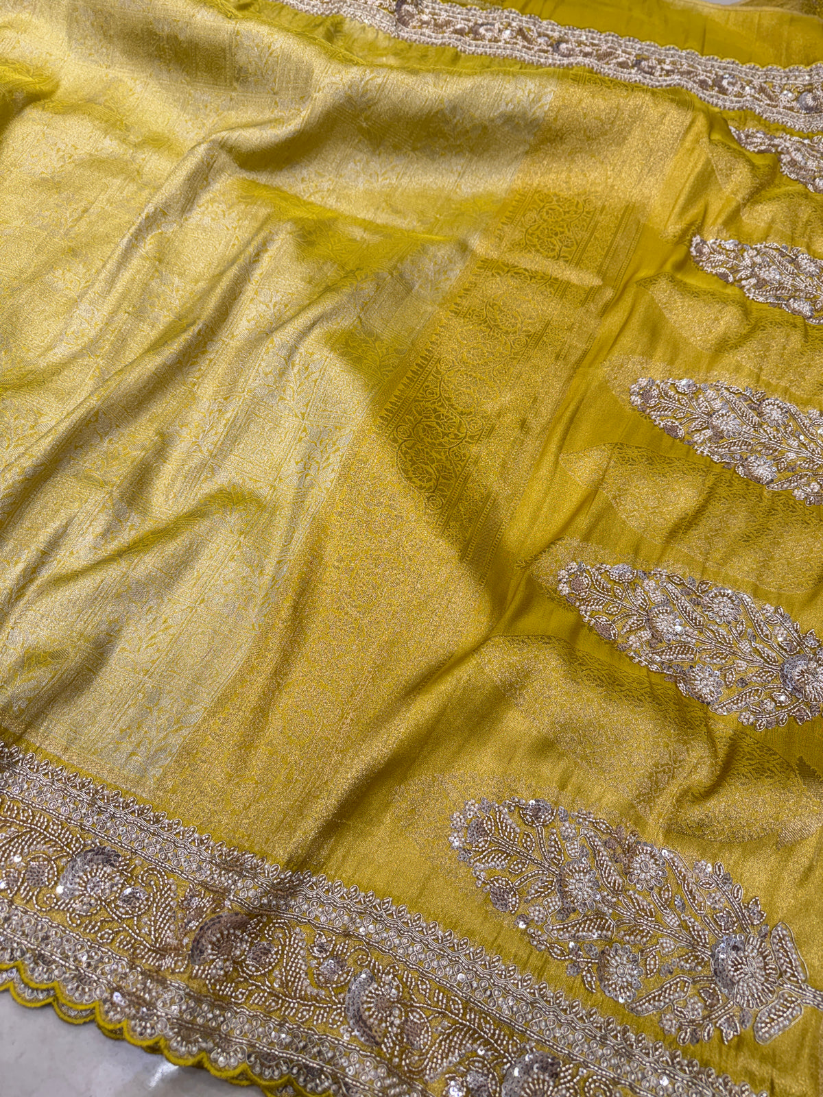 Neon Crepe Tissue Woven Silk Moti Sequin Saree