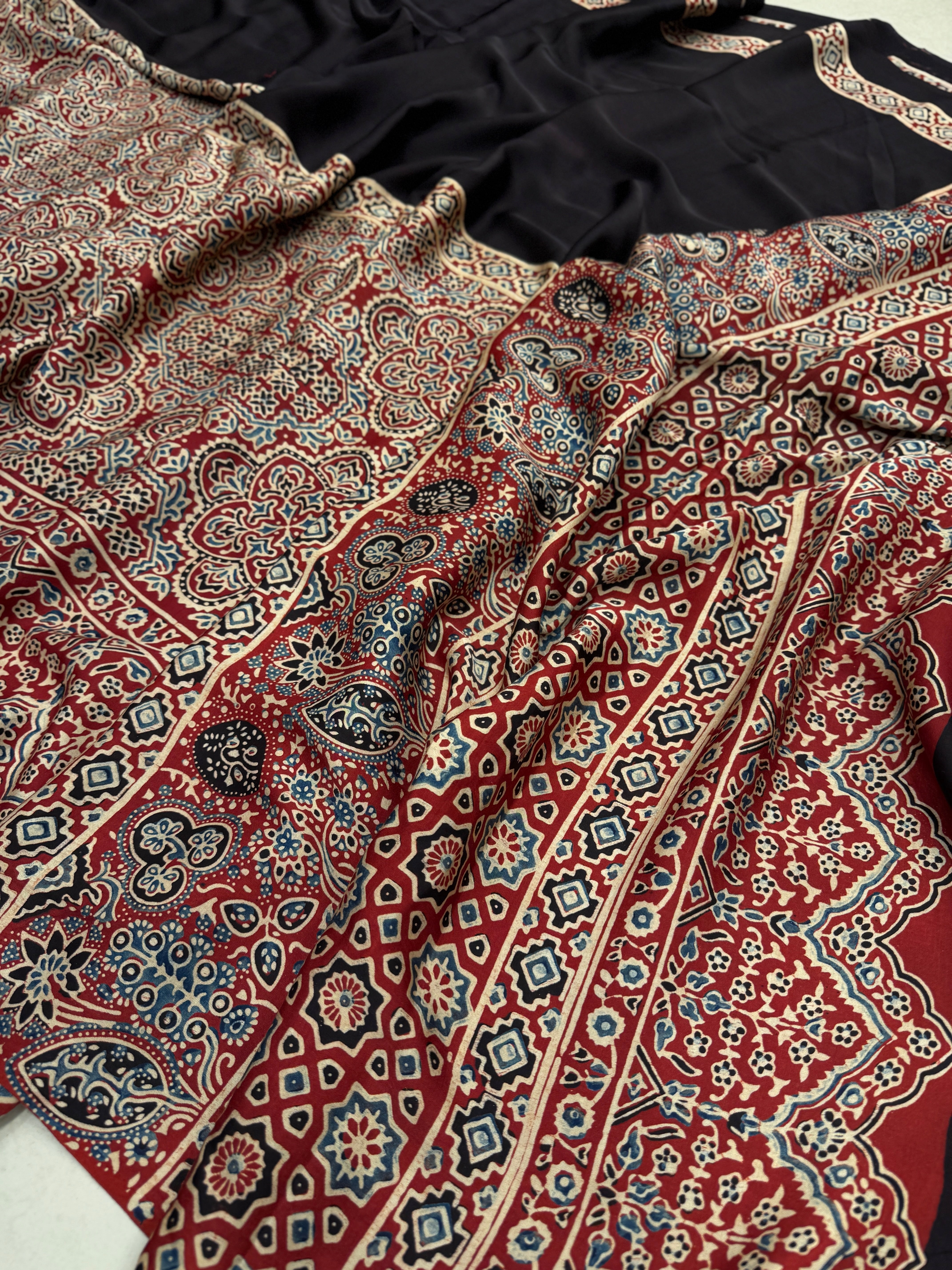 Red Black Jewelled Half Ajrakh Modal Gajji Silk Saree