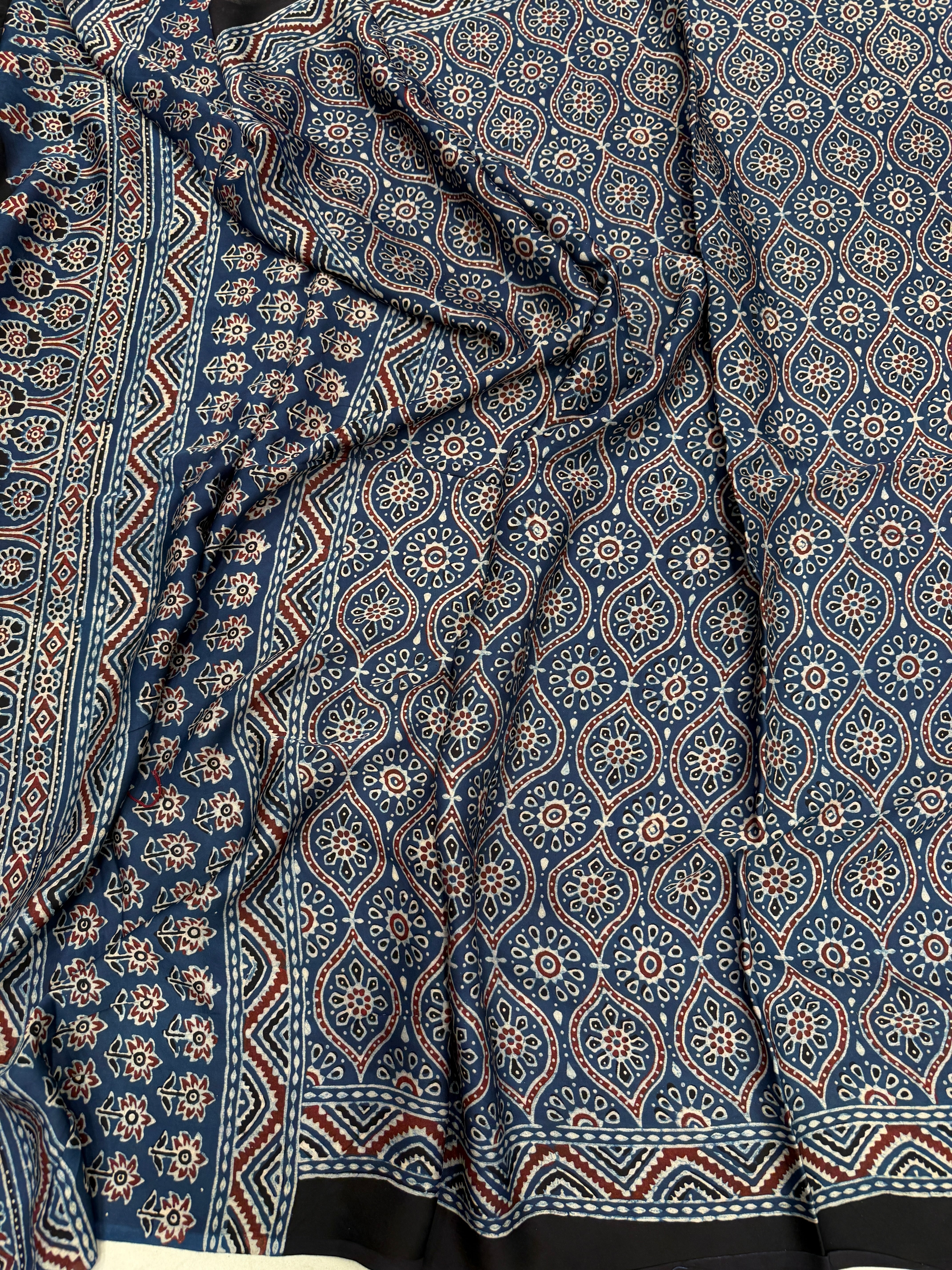 Blue Badam Jaal Ajrakh Hand Block Print Pure Gajji Silk Dupatta