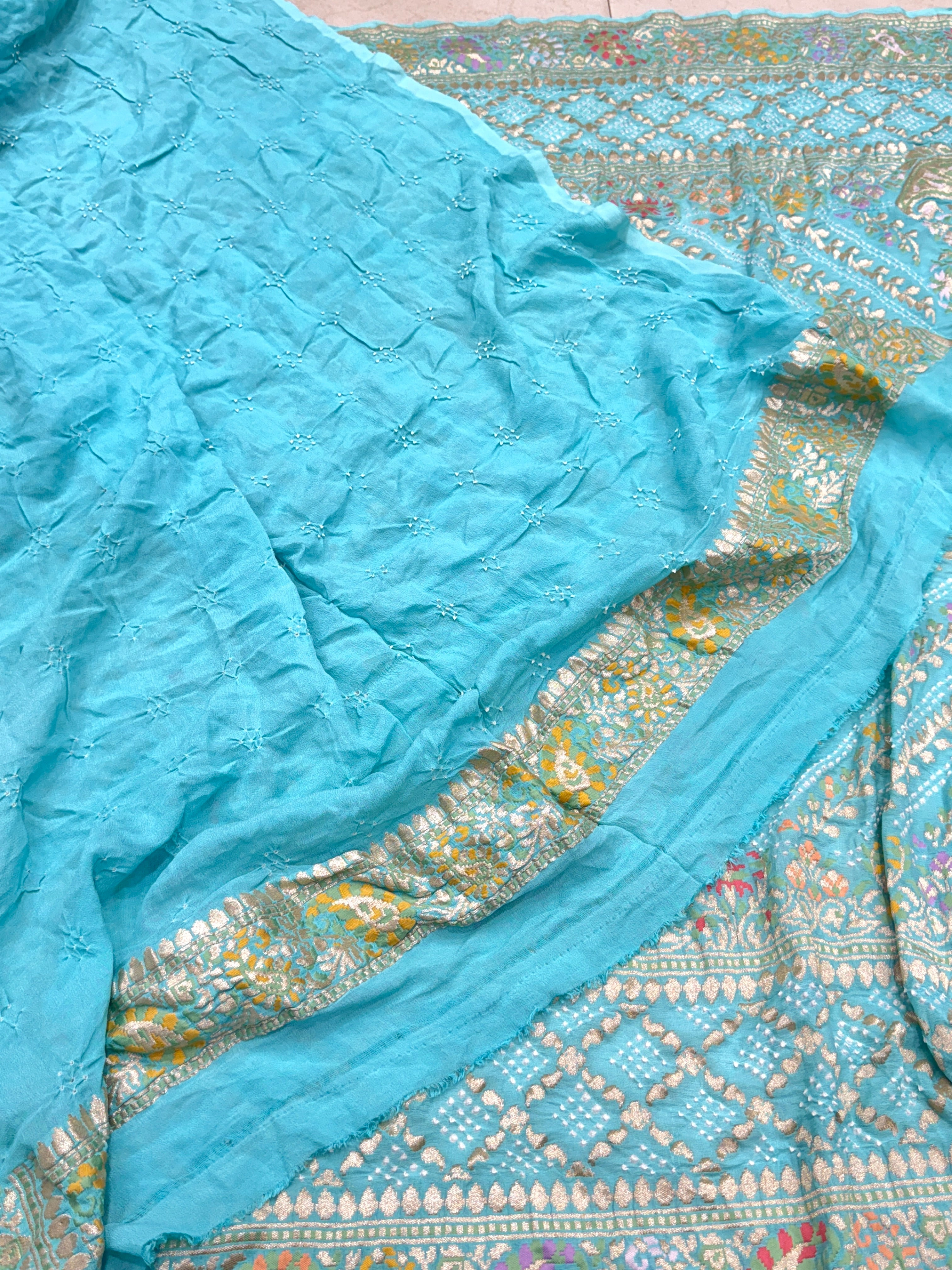 Light Blue Double Border Meenakari Rai Bandhej Georgette Bandhini Saree