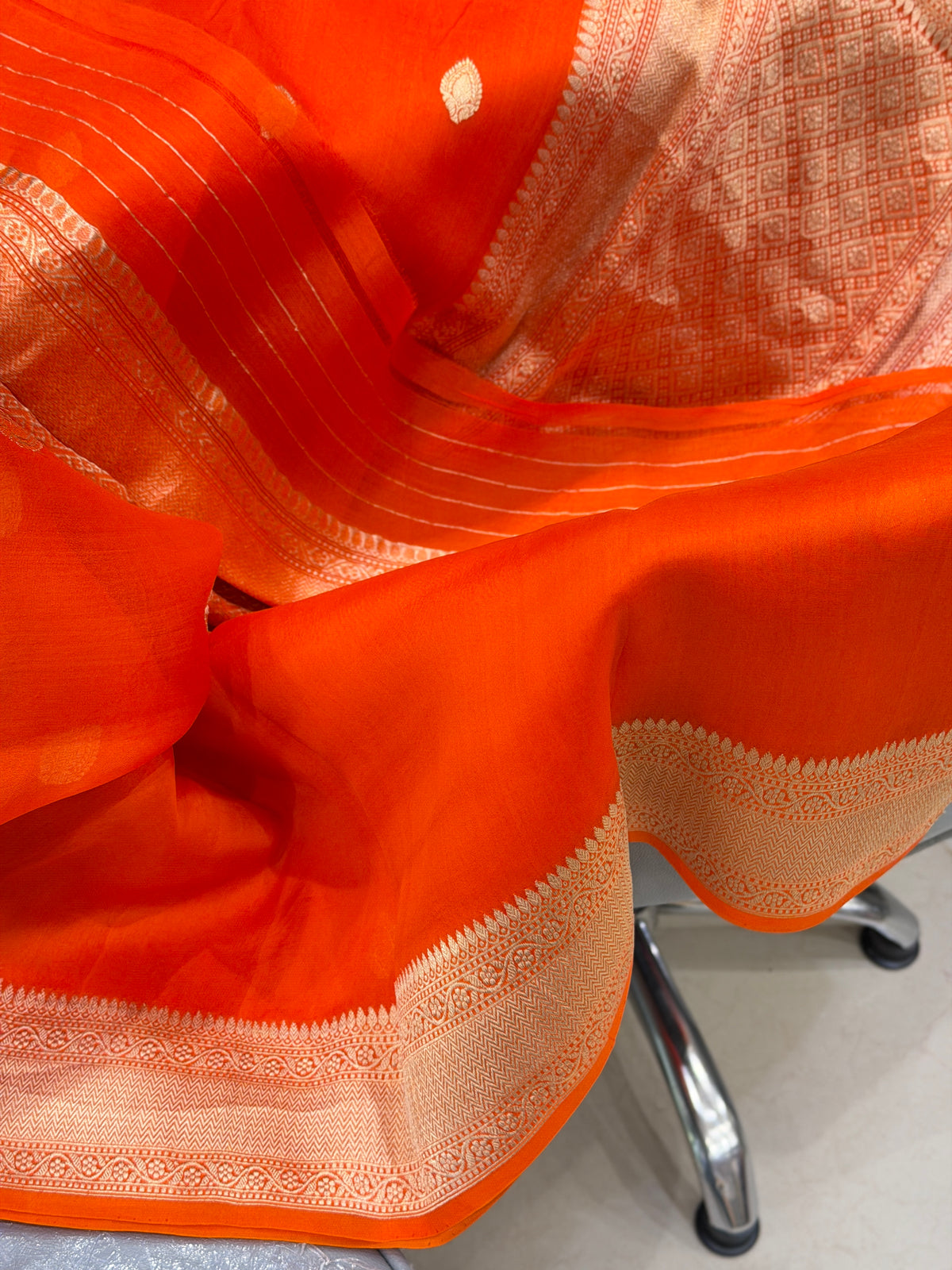 Orange Buttis Handloom Banarasi Kora Silk Saree