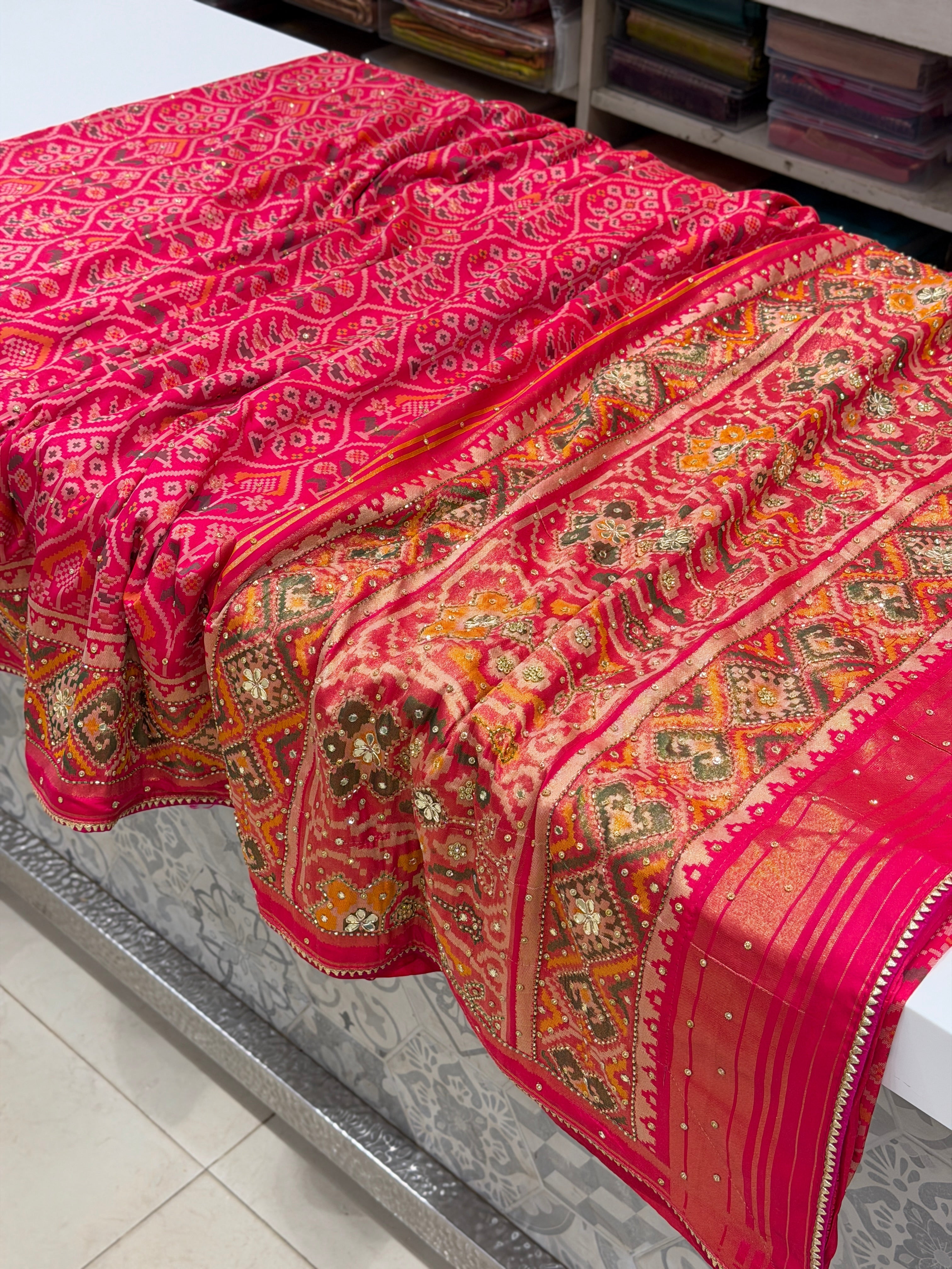 Rani Patola Crown Hand Embroidery Kutchi Style Saree