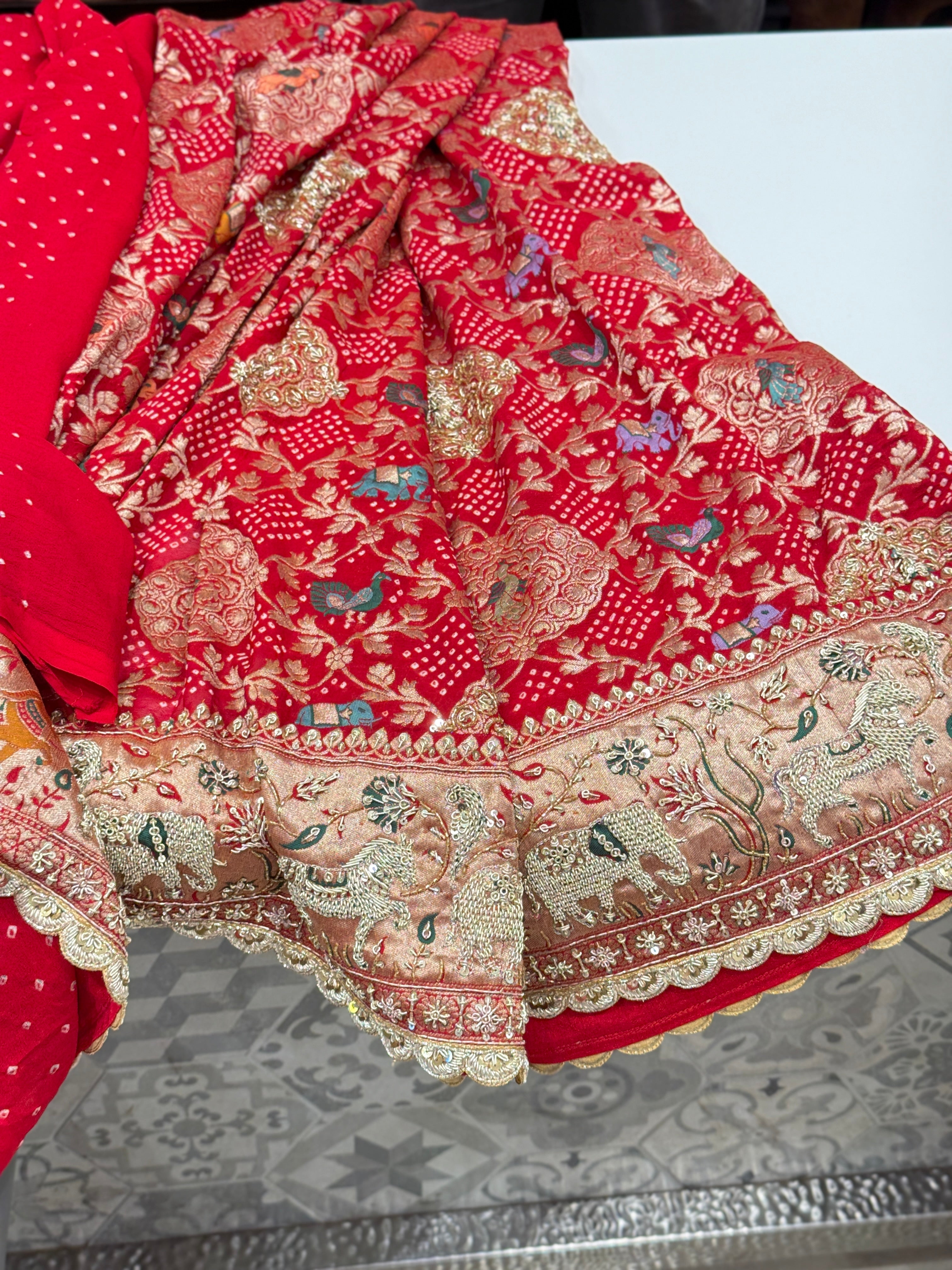 Red Meenakari Bandhej Zardosi Embroidery Saree