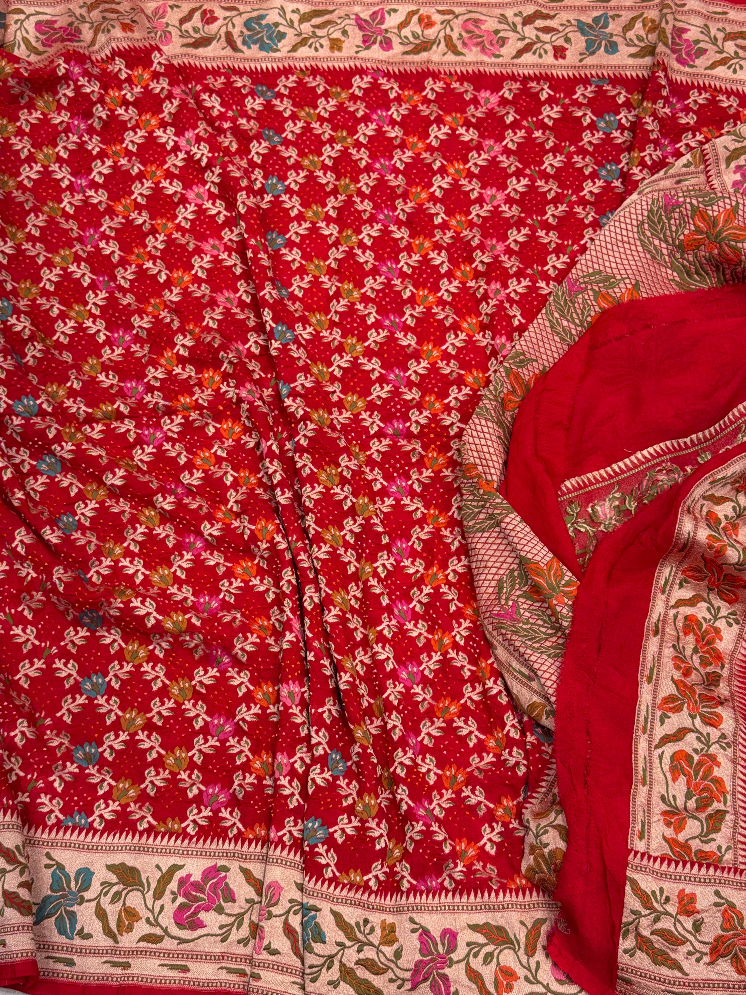 Red Meenakari Floral Jaal Rai Bandhej Georgette Bandhini Saree