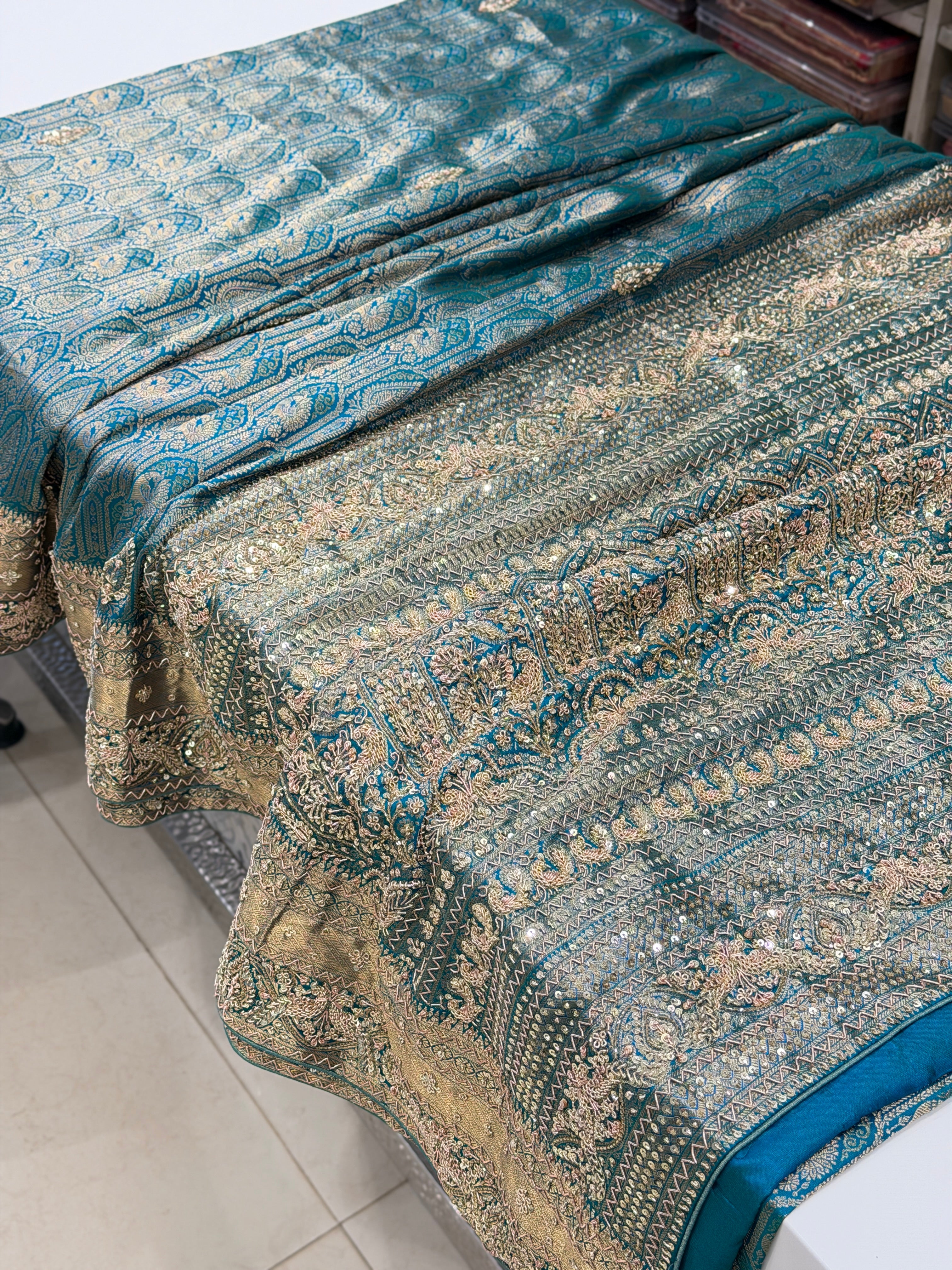 Sea Green Kanjivaram Peacock Motif Zardosi Hand Embroidery Saree