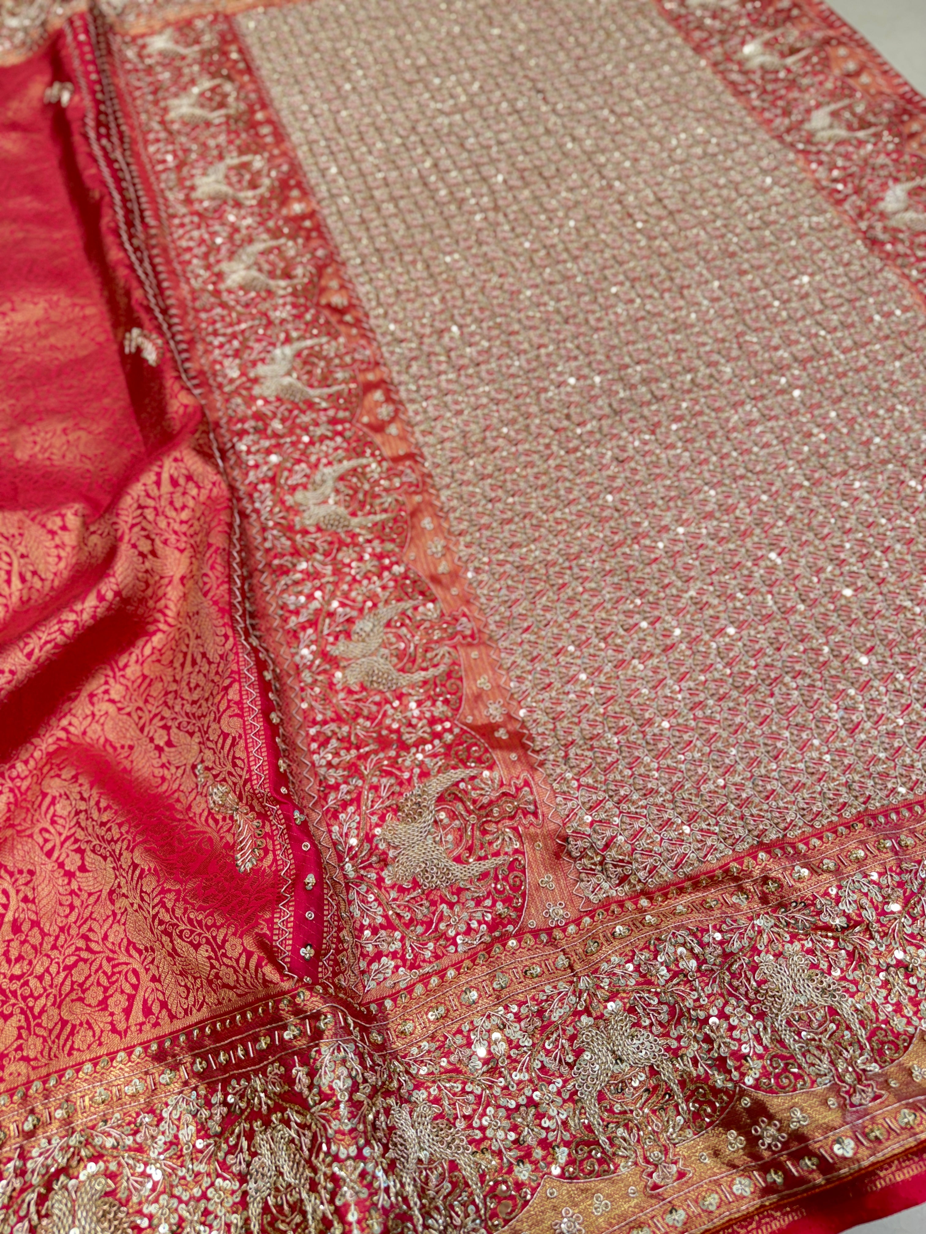 Crimson Kanjivaram Parrot Motif Hand Embroidery Zardosi Saree