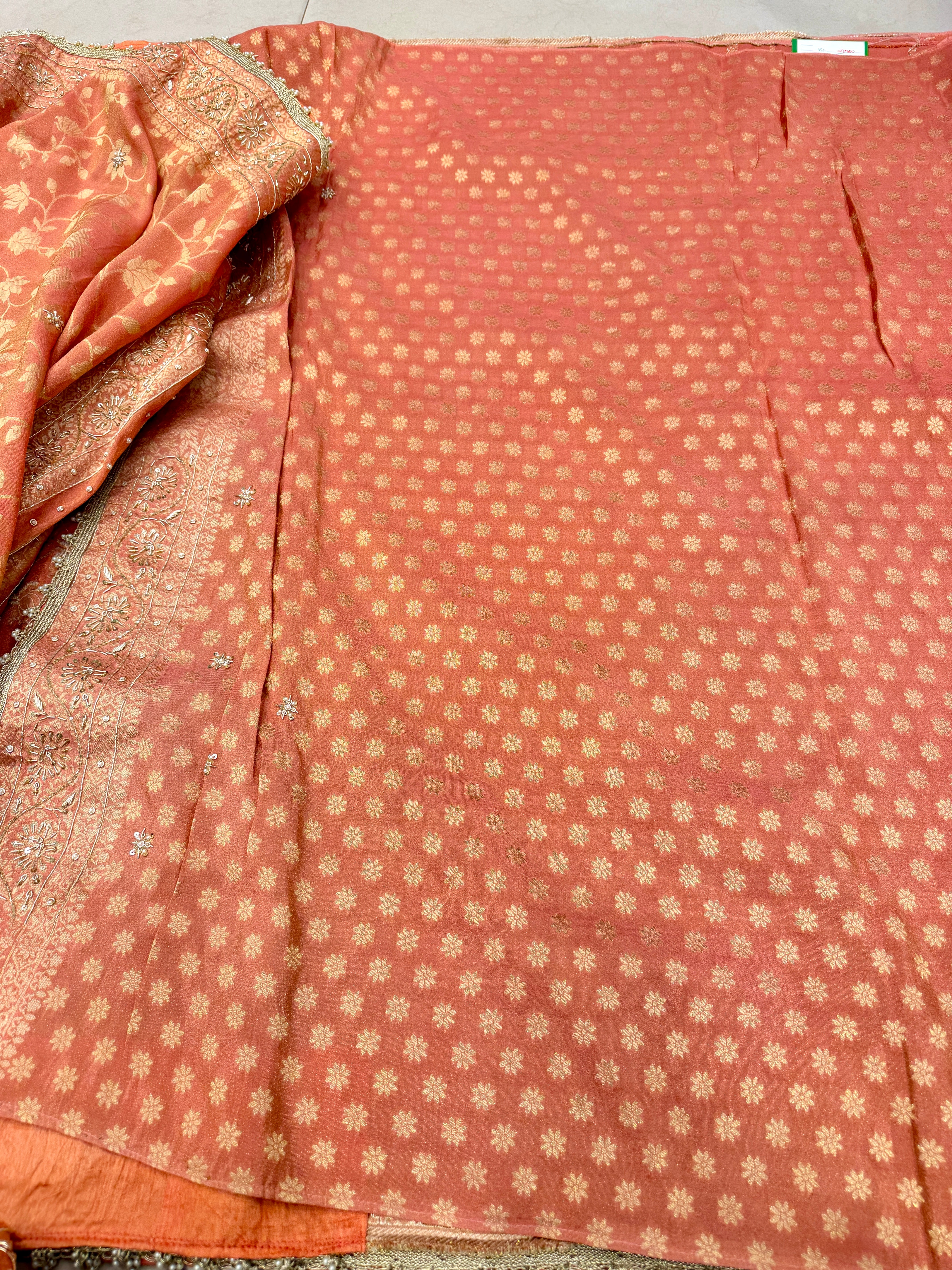 Rust Crepe Tissue Banarasi Weaved Zardosi Hand Embroidery Saree