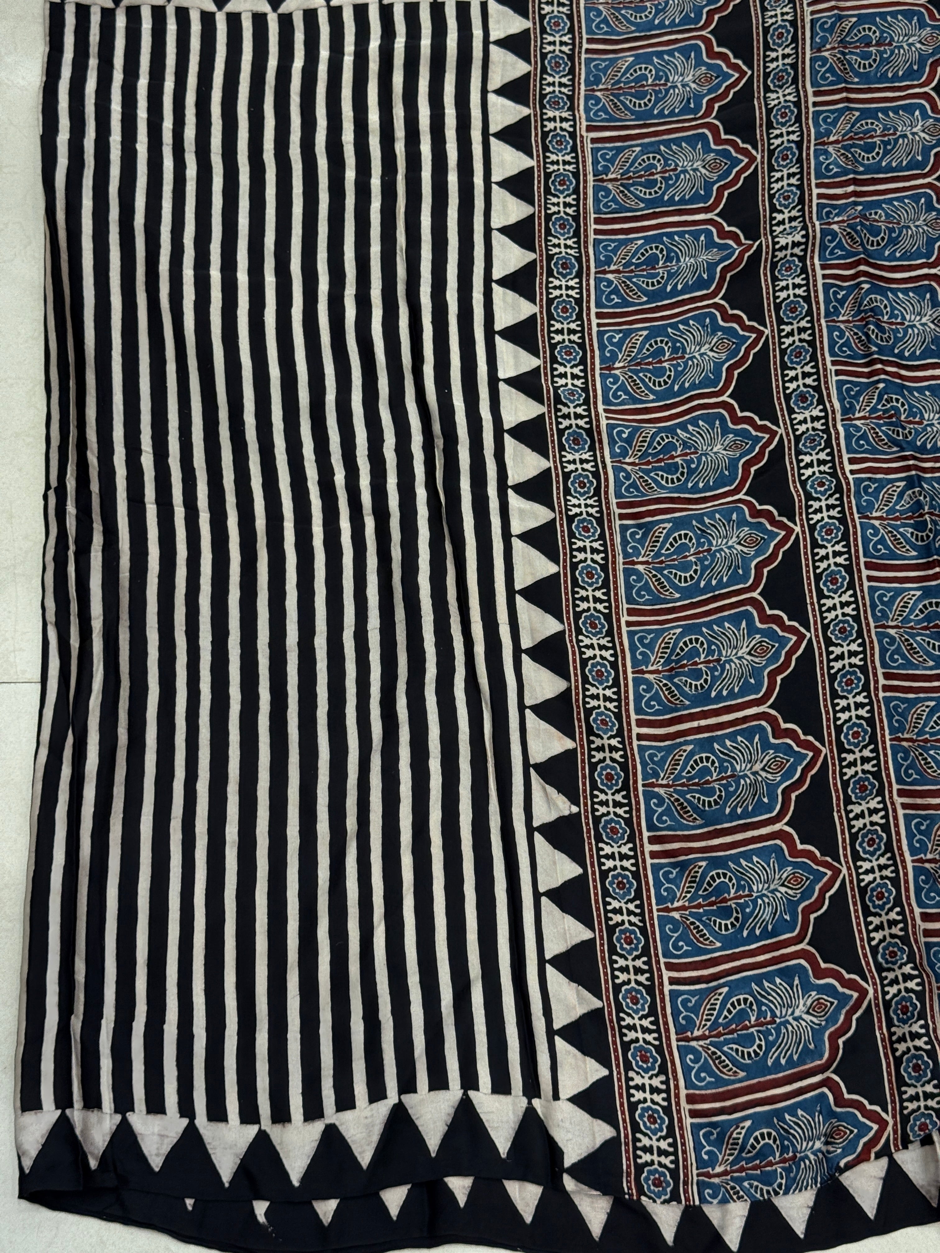 Black n White Lagdi Pata Ajrakh Hand Block Print Pure Gajji Silk Saree