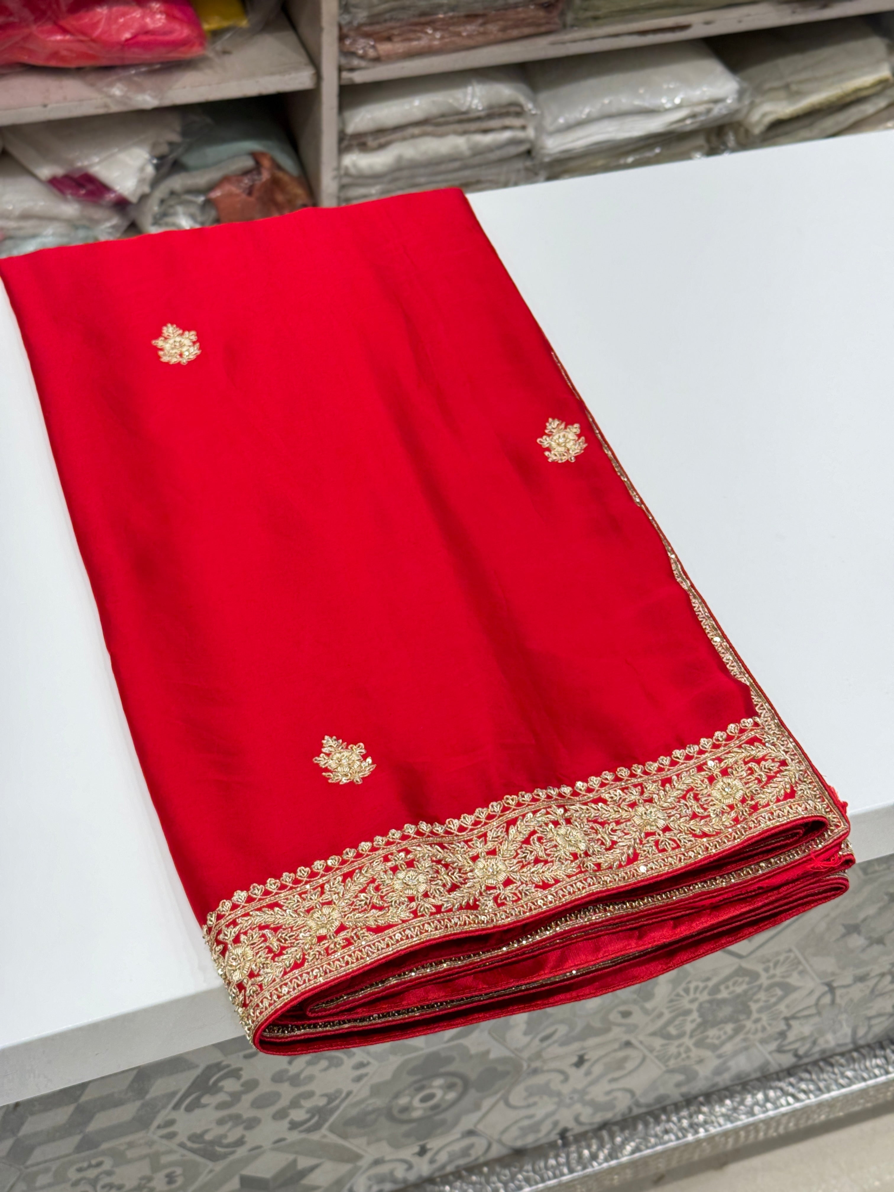 Red Satin Zardosi Saree