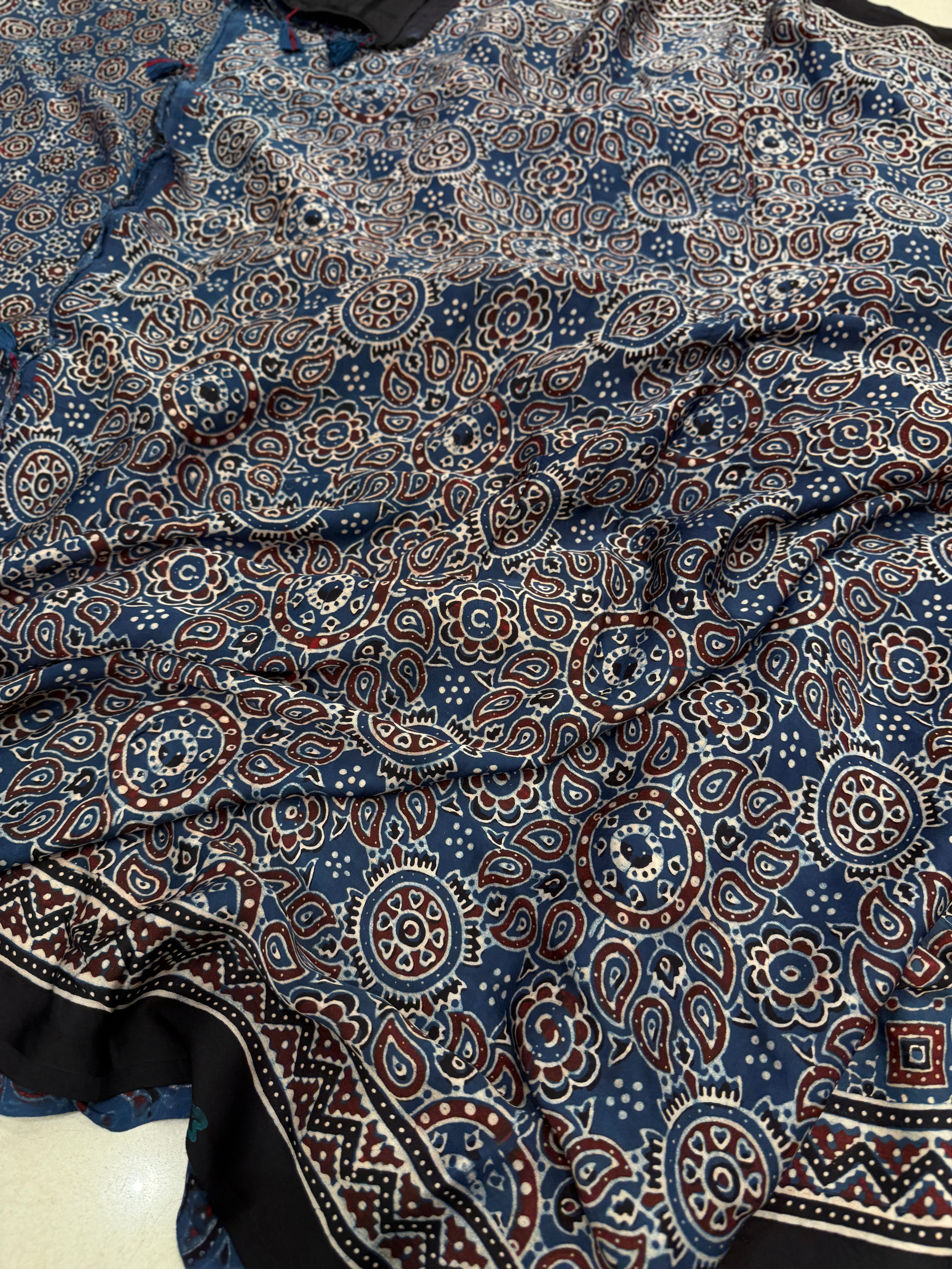 Blue Brown Ajrakh Hand Block Print Pure Gajji Silk Saree