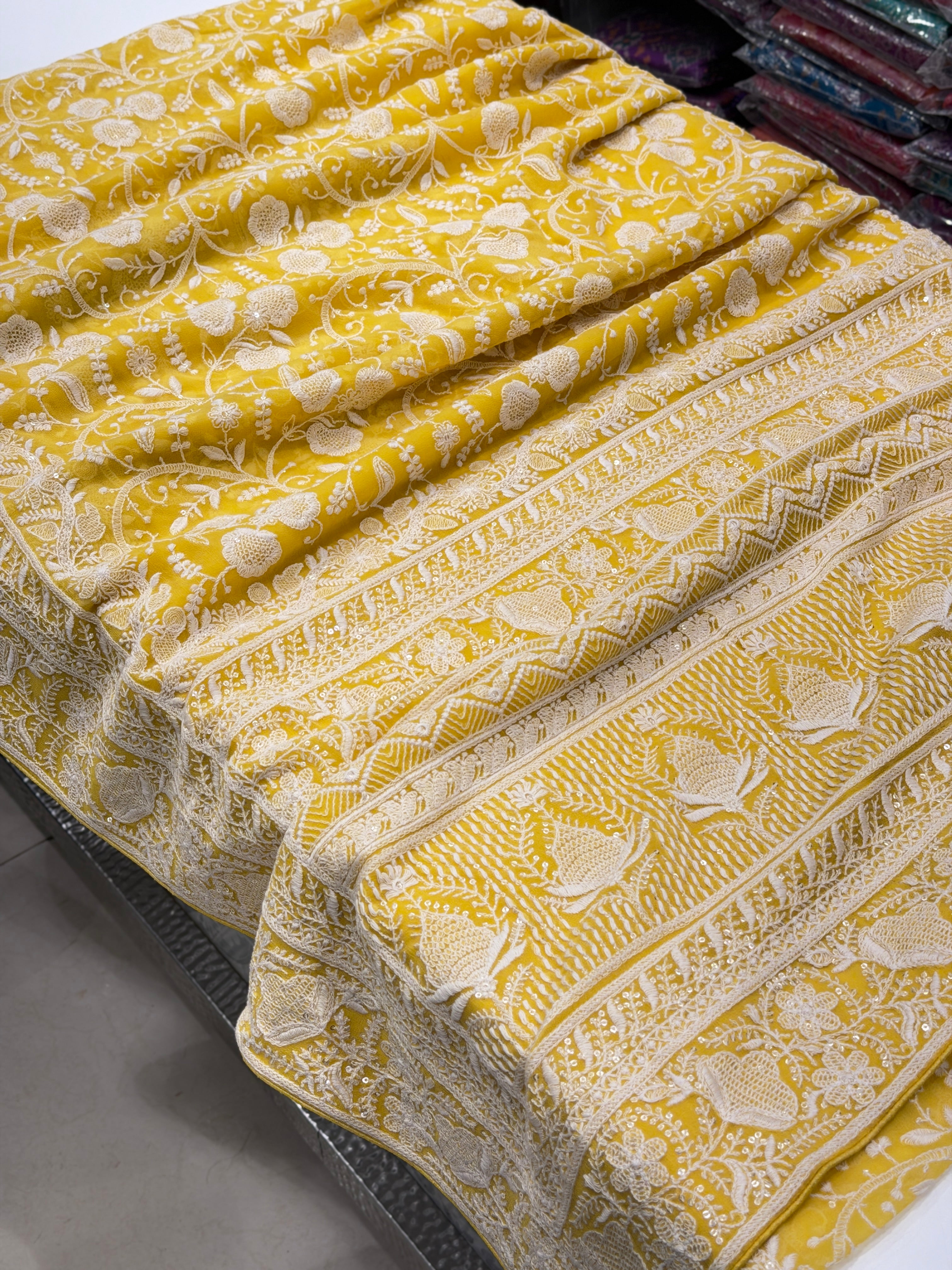 Yellow Georgette Chikankari Resham Saree