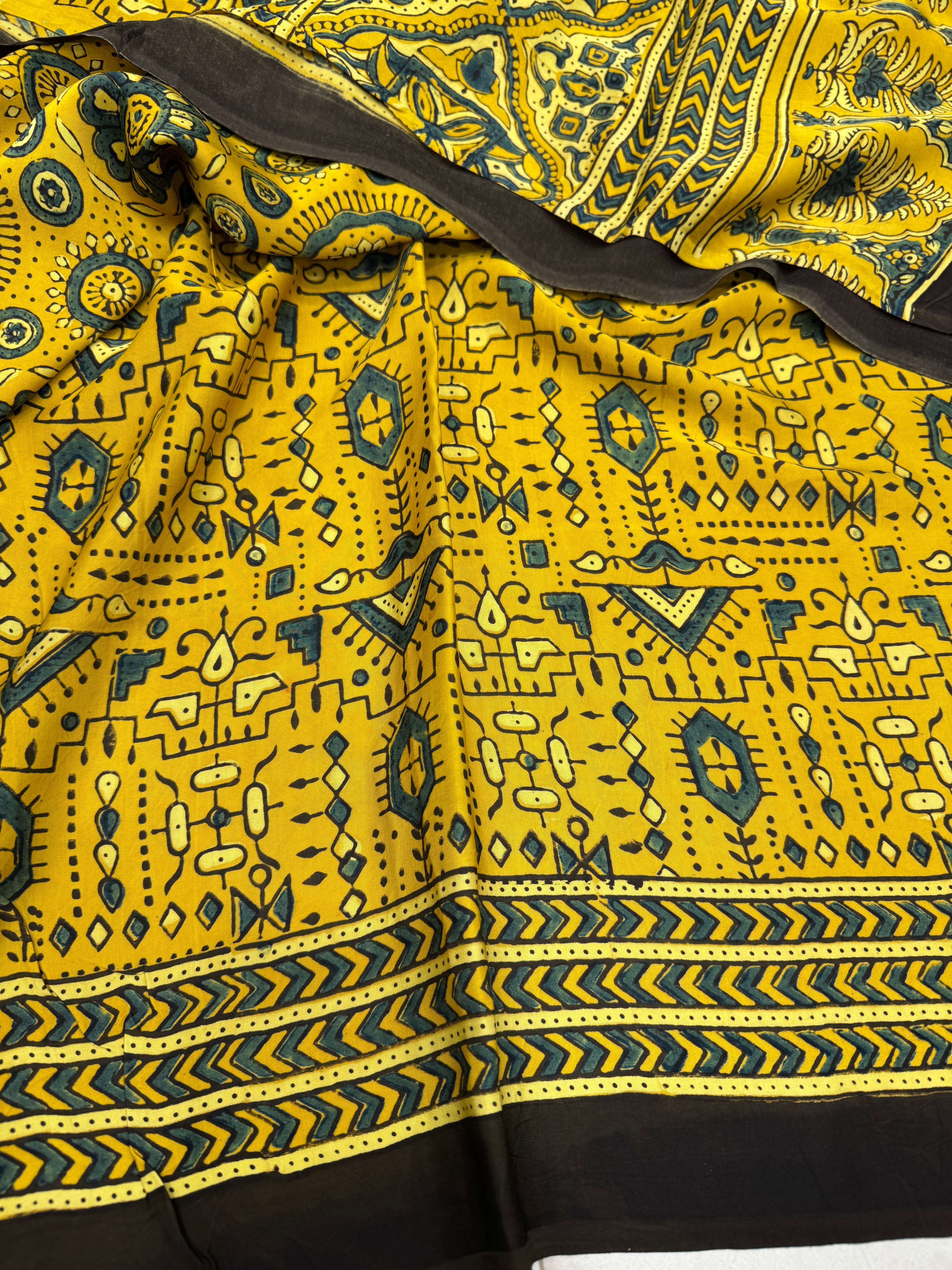 Yellow Floral Butta Pattern Ajrakh Hand Block Print Pure Gajji Silk Saree