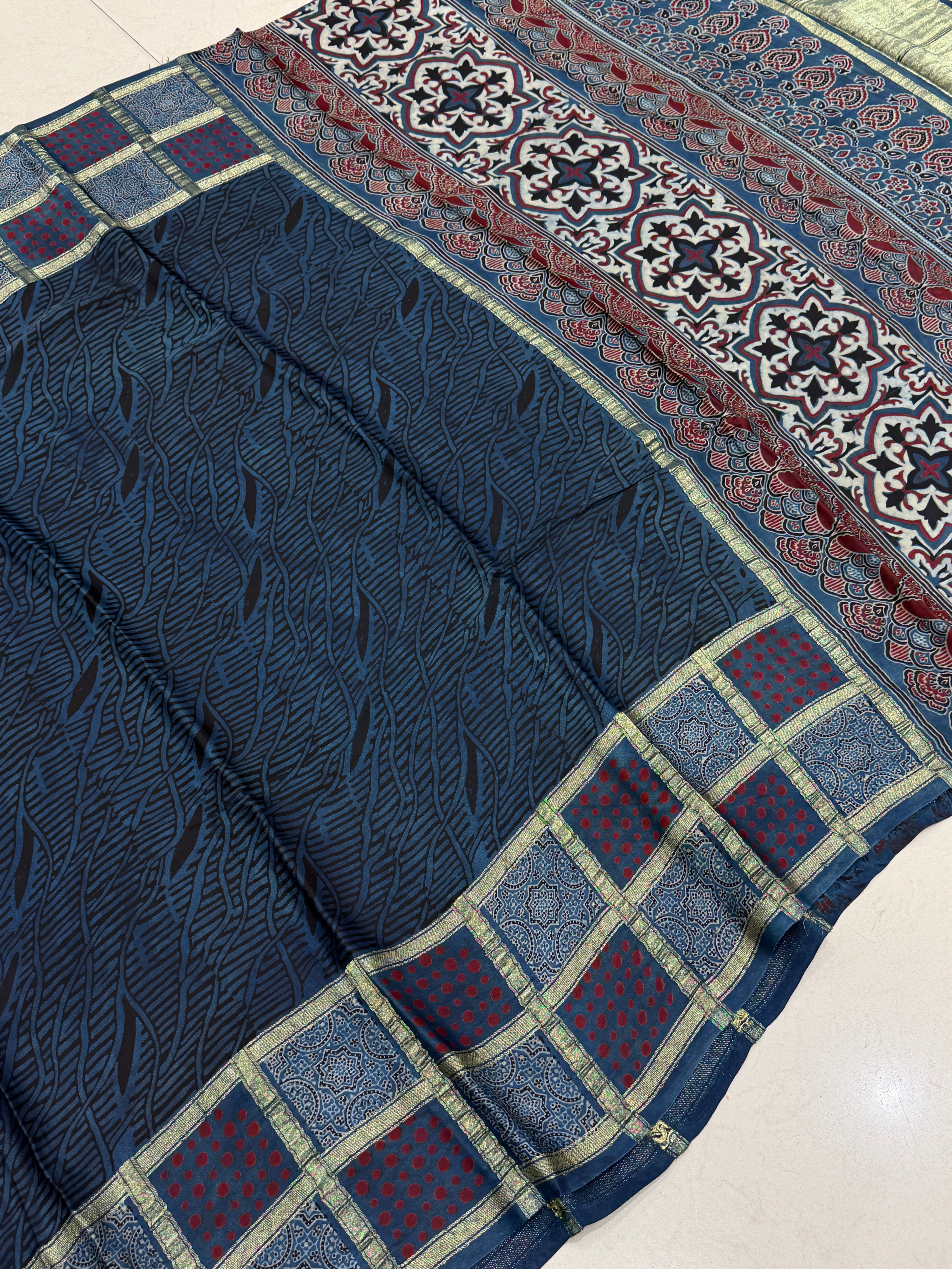 Blue Checks Red Dotts Lagdipatta Ajrakh Hand Block Print Pure Modal Silk Saree
