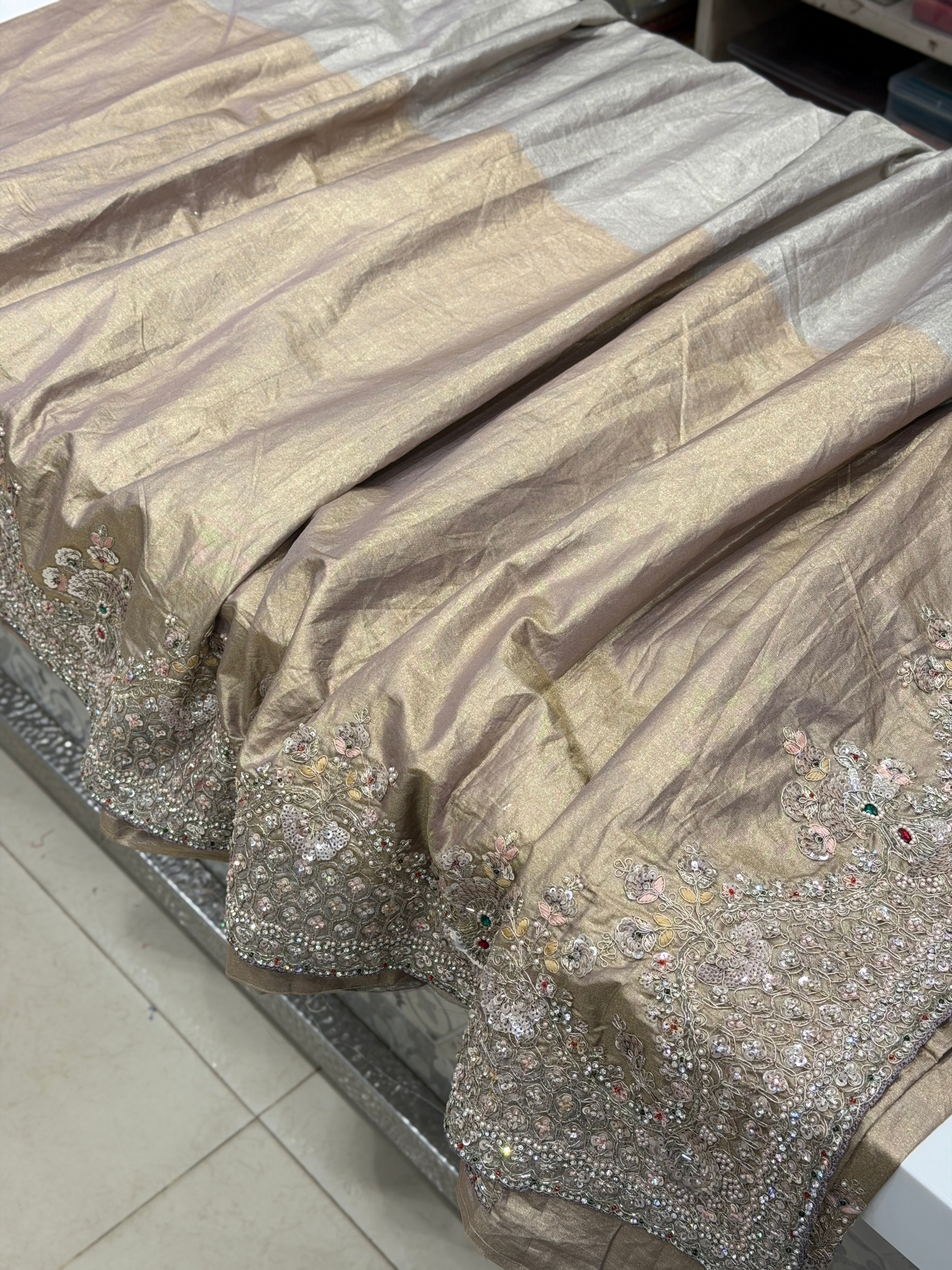 Golden Silver Crushed Paper Tissue Silk Embroidery Saree