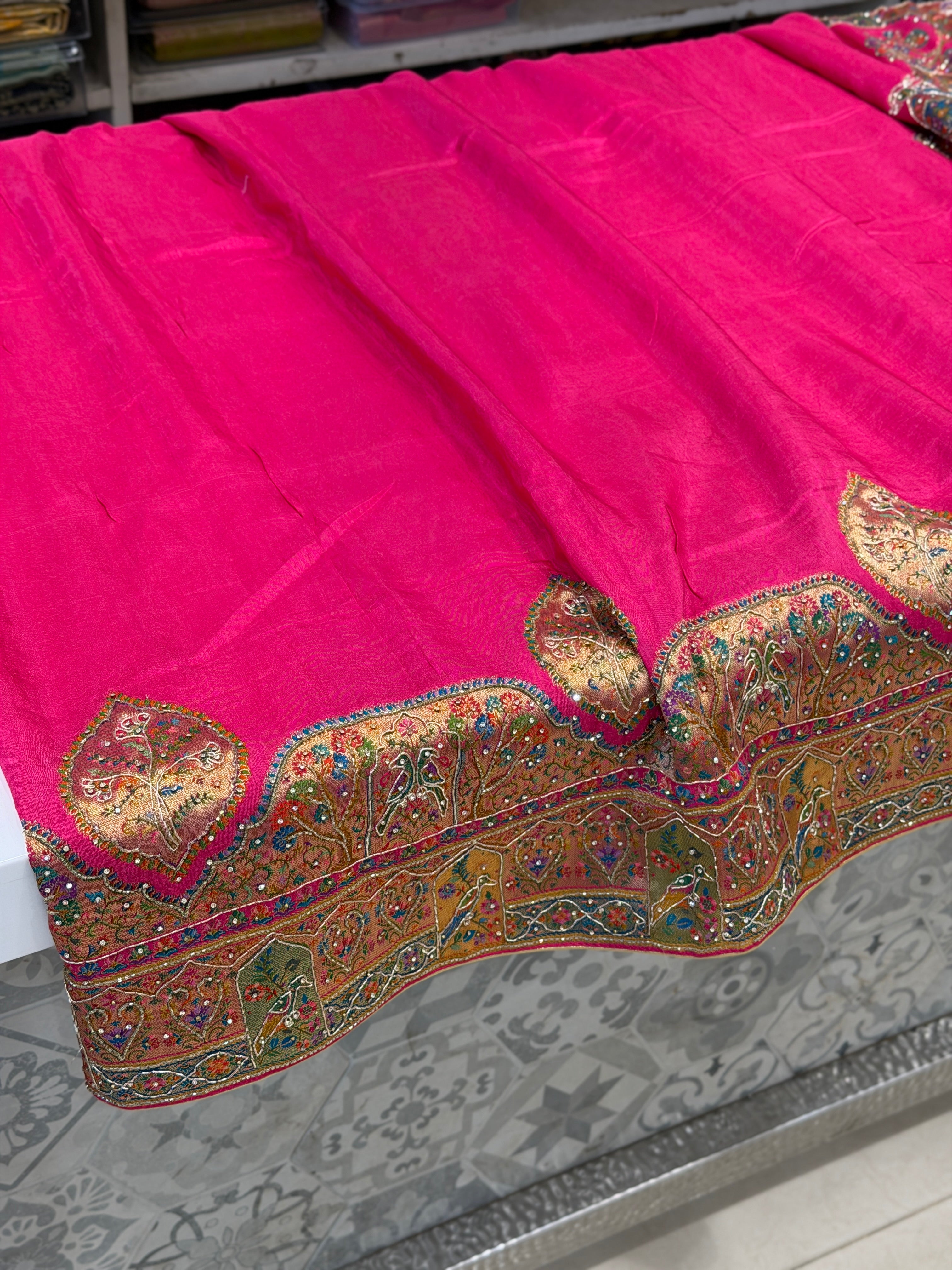 Rani Pashmina Plain Body Hand Embroidery Zardosi Border Saree
