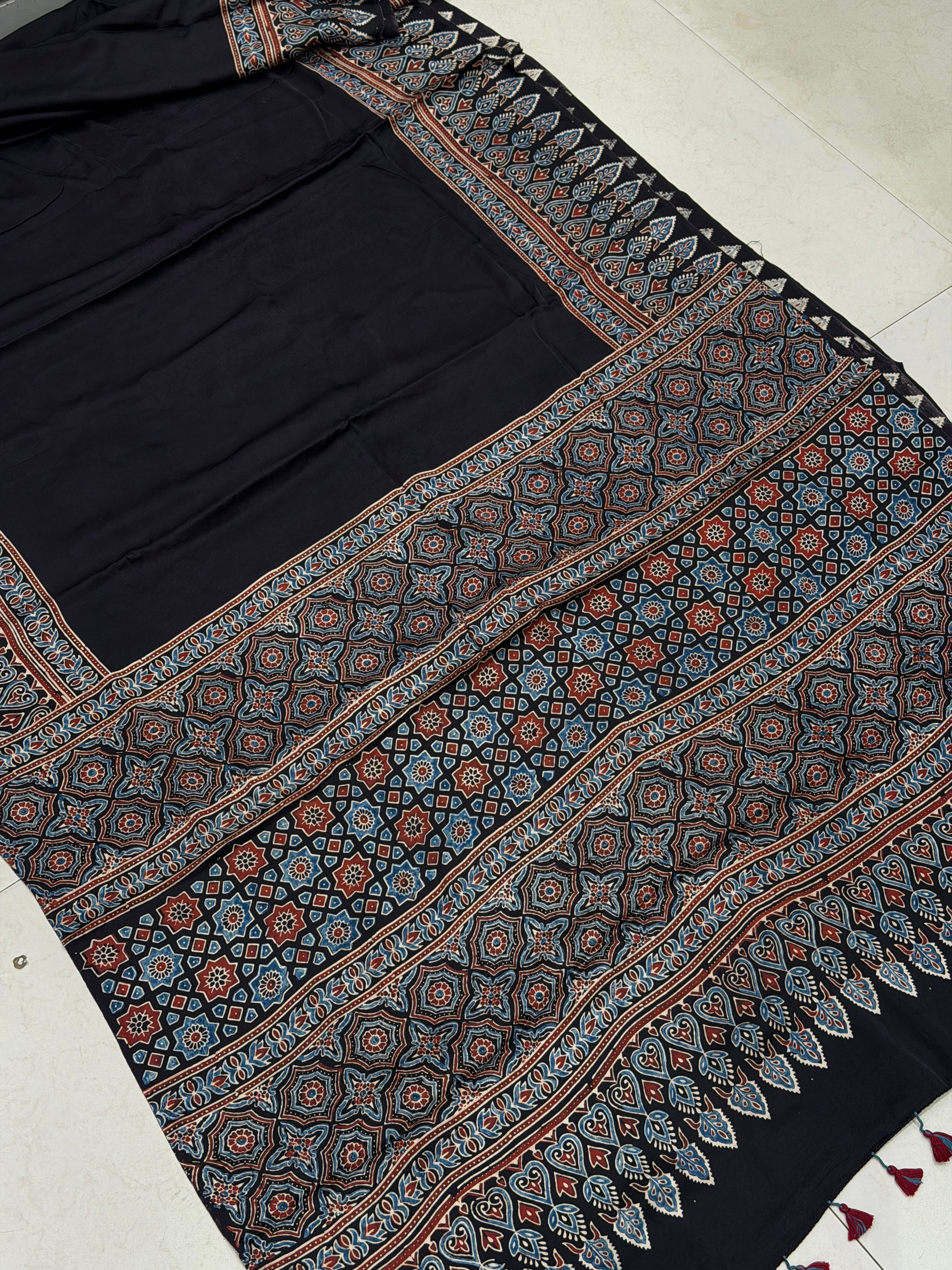 Black Plain Big Border Ajrakh Hand Block Print Pure Modal Silk Saree