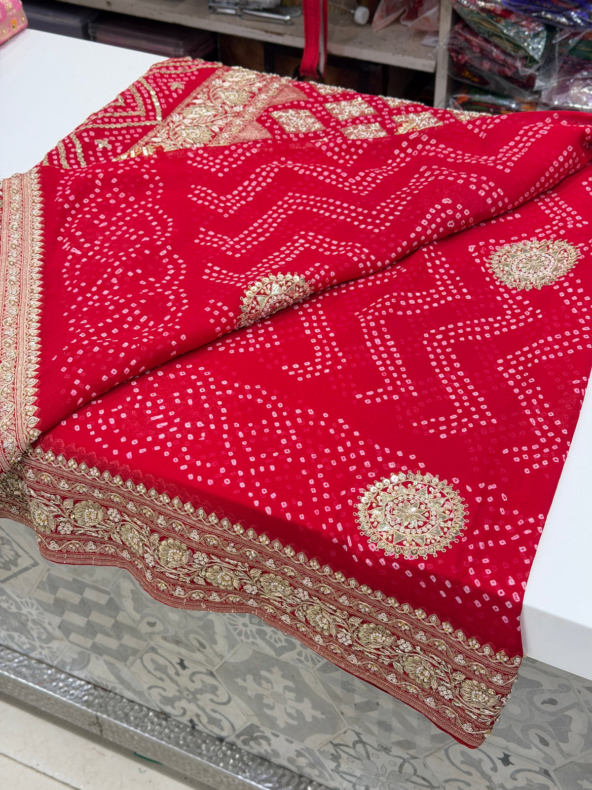 Red Rai Bandhej Georgette Saree Marodi Zardosi Hand Embroidery Saree