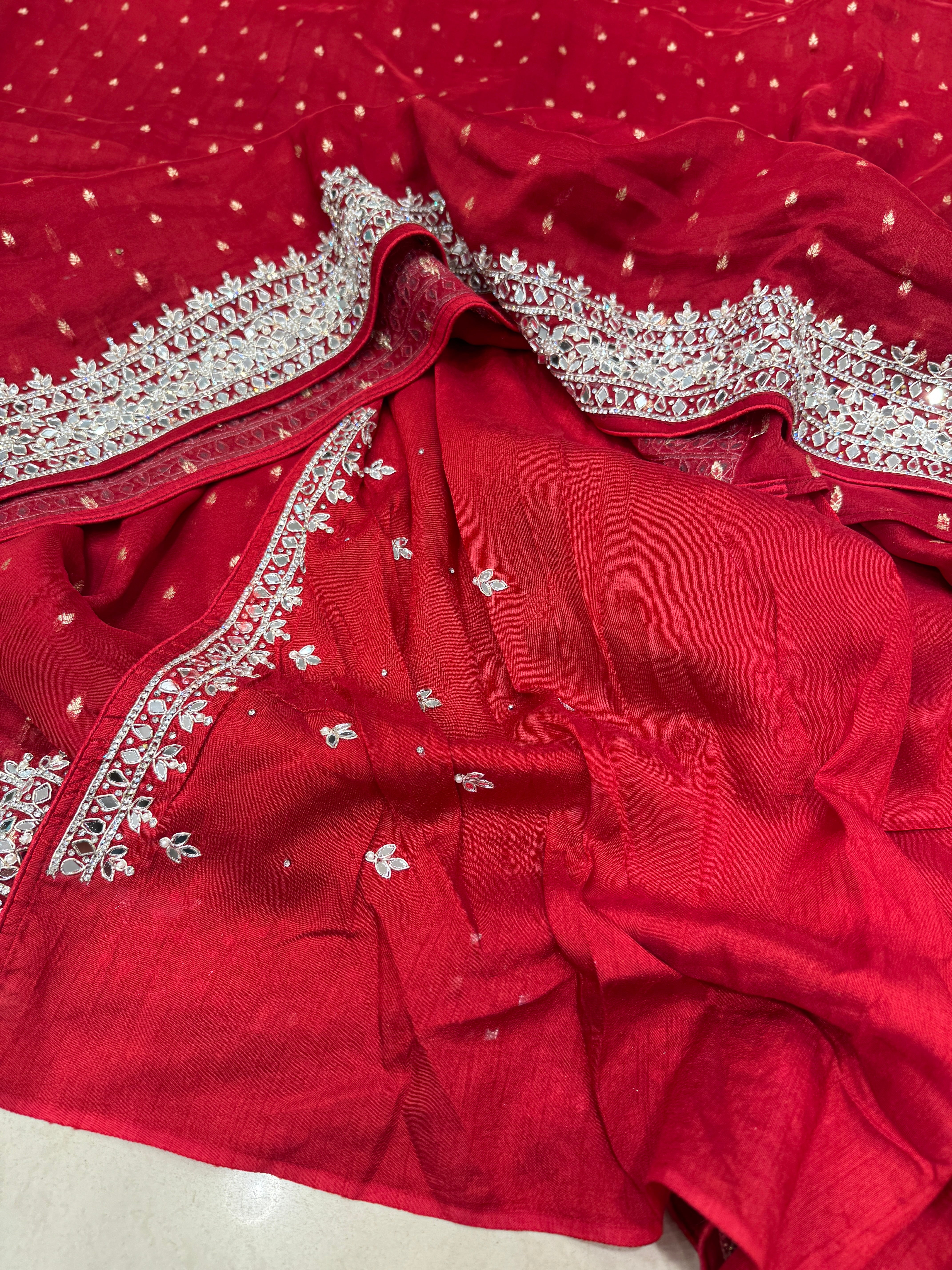 Red Satin Organza Mirror Hand Embroidery Saree