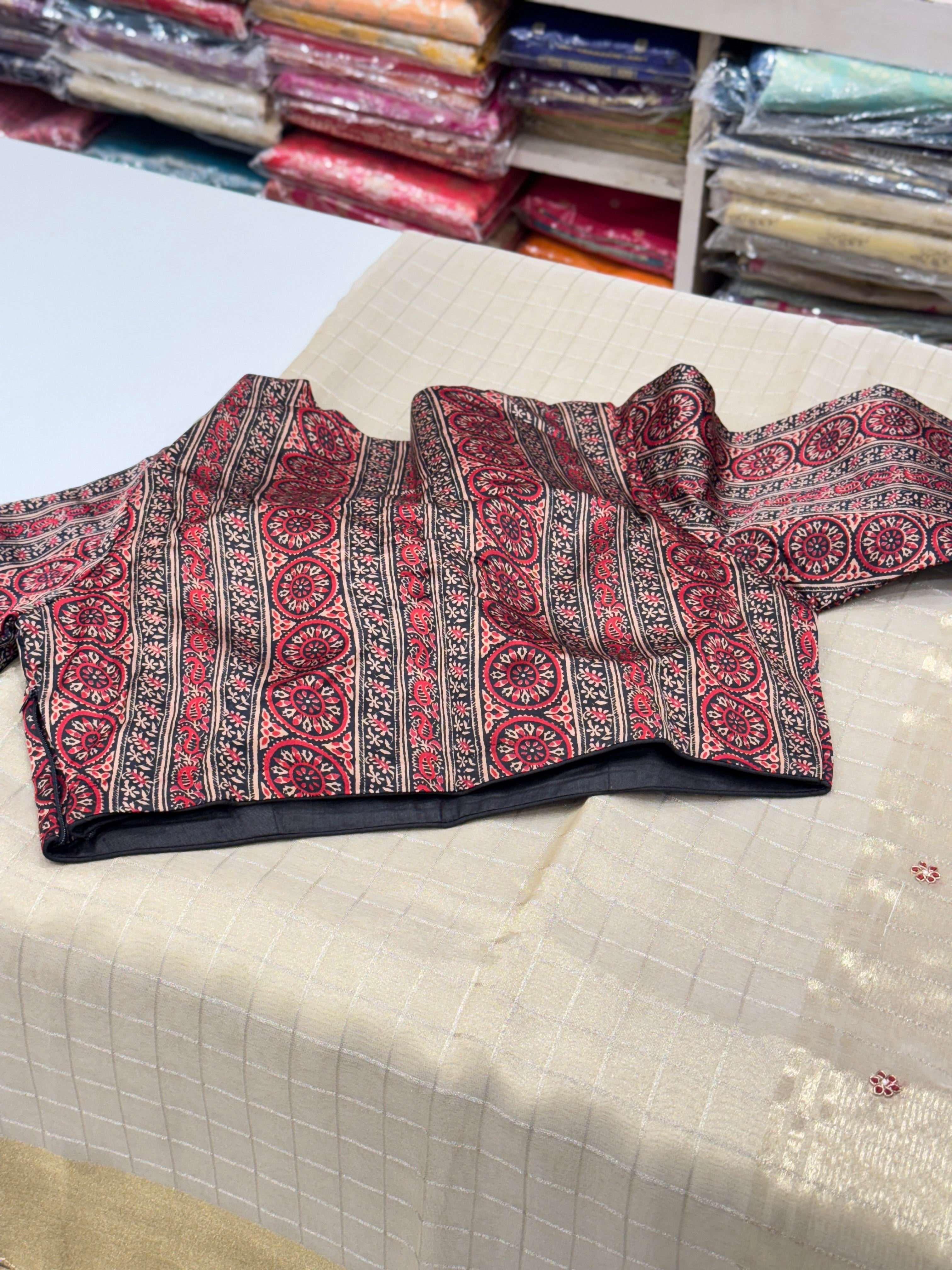 Golden Tissue With Ajrakh Ready Blouse Hand Embroidery