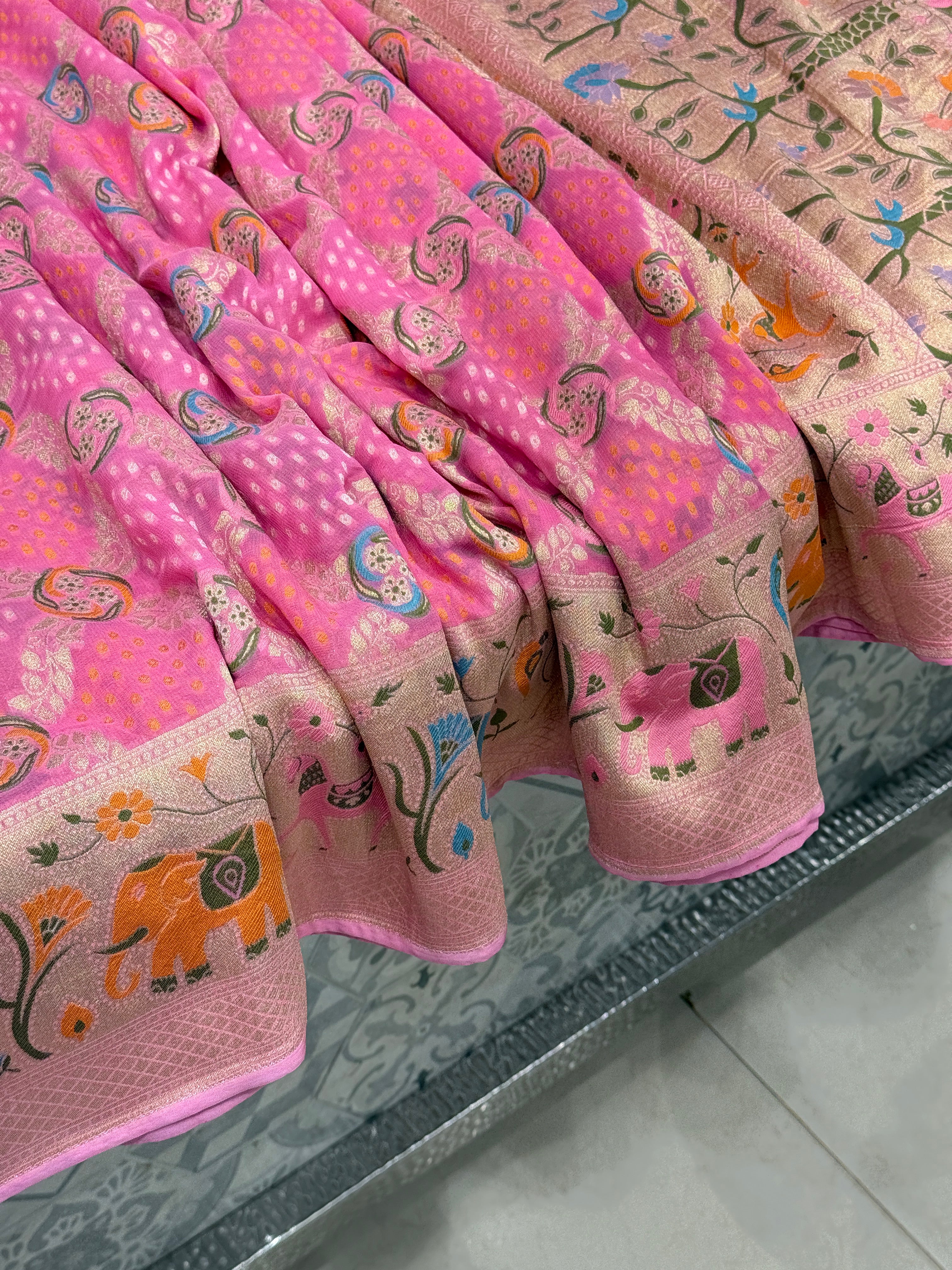 Pink Meenkari Asvah Hastin Border Woven Bandhej Saree