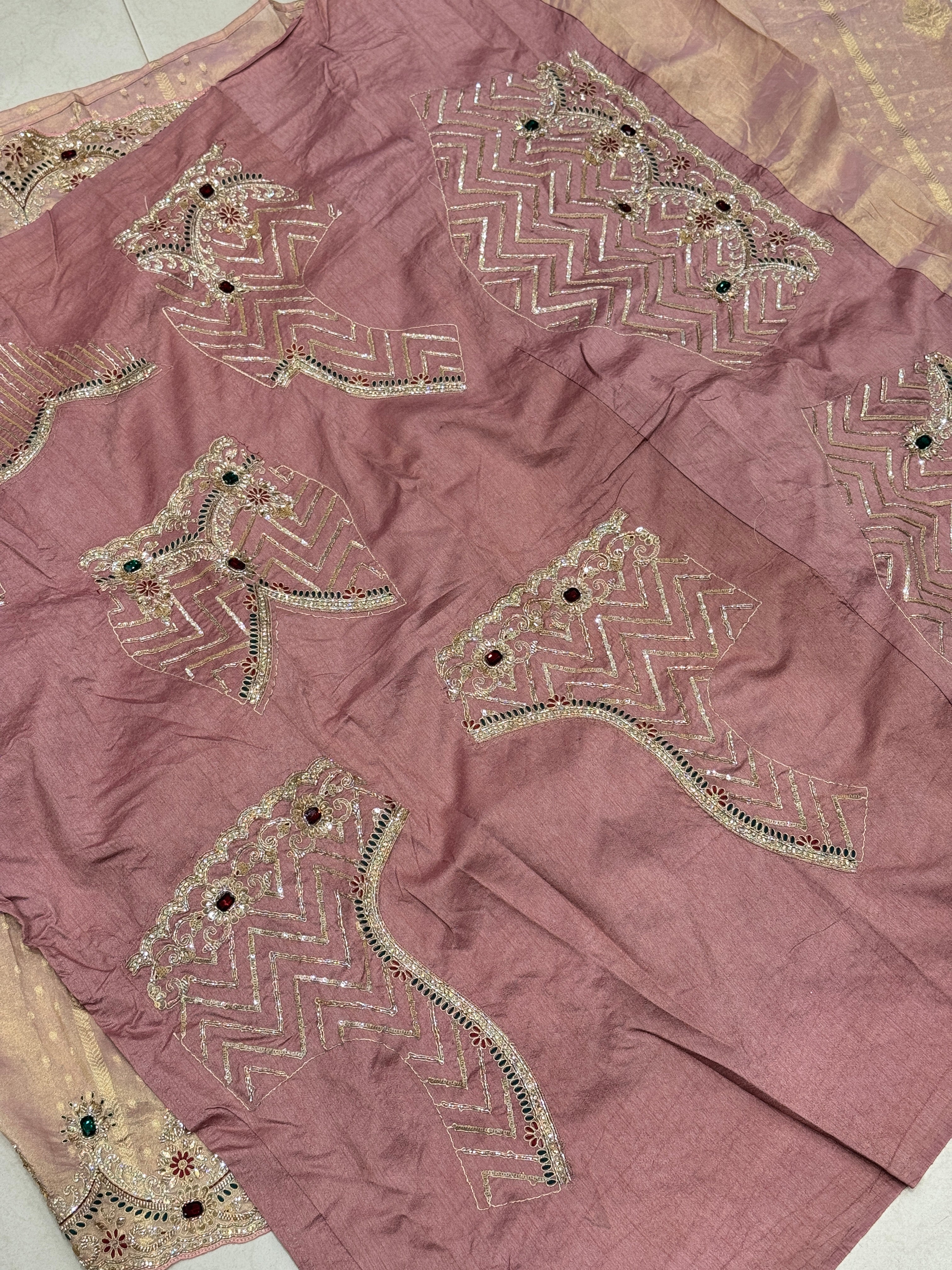 Pink Weaved Golden Silver Soft Tissue Pita Crystal Scallop Embroidery Saree