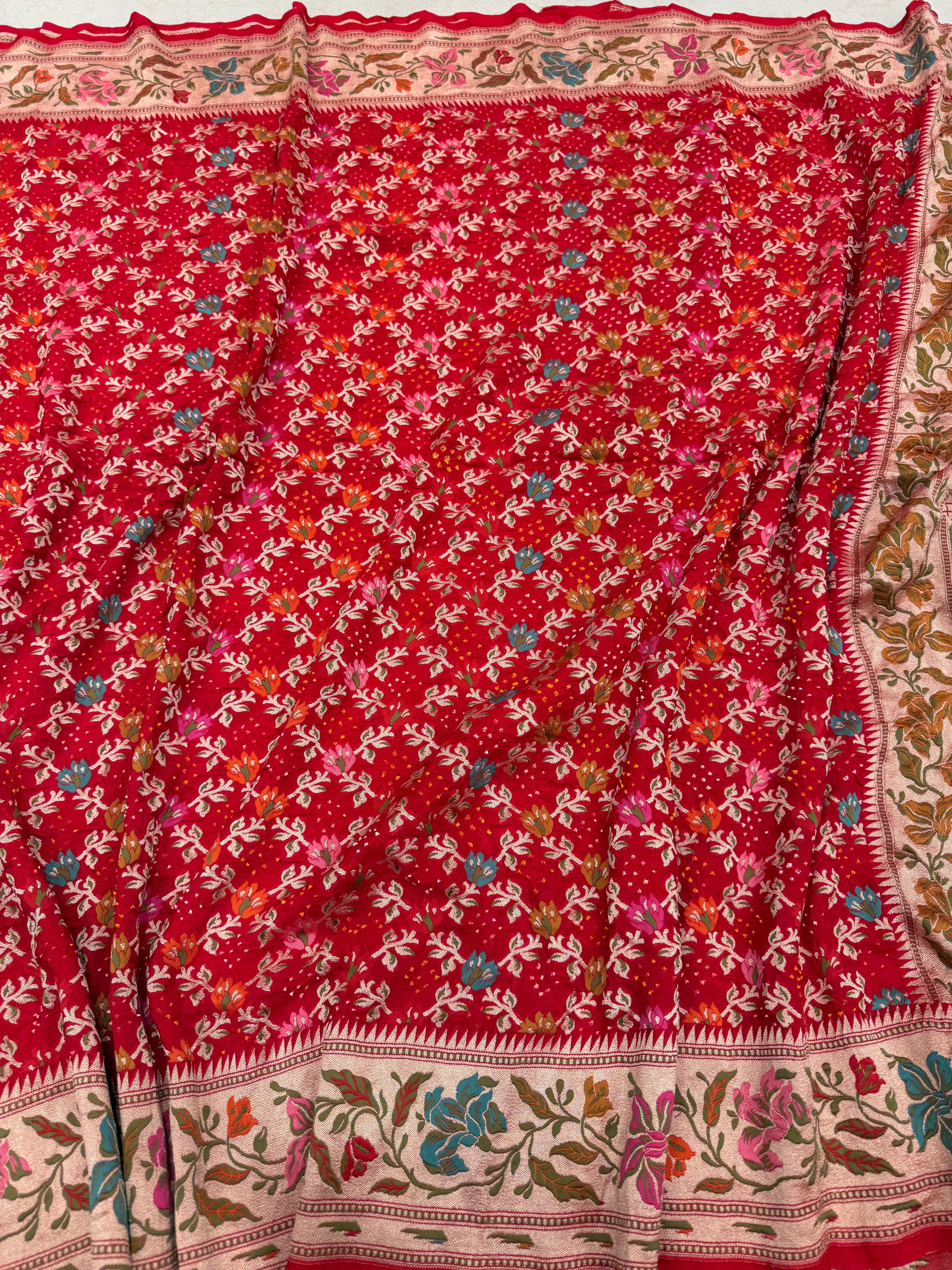 Red Meenakari Floral Jaal Rai Bandhej Georgette Bandhini Saree