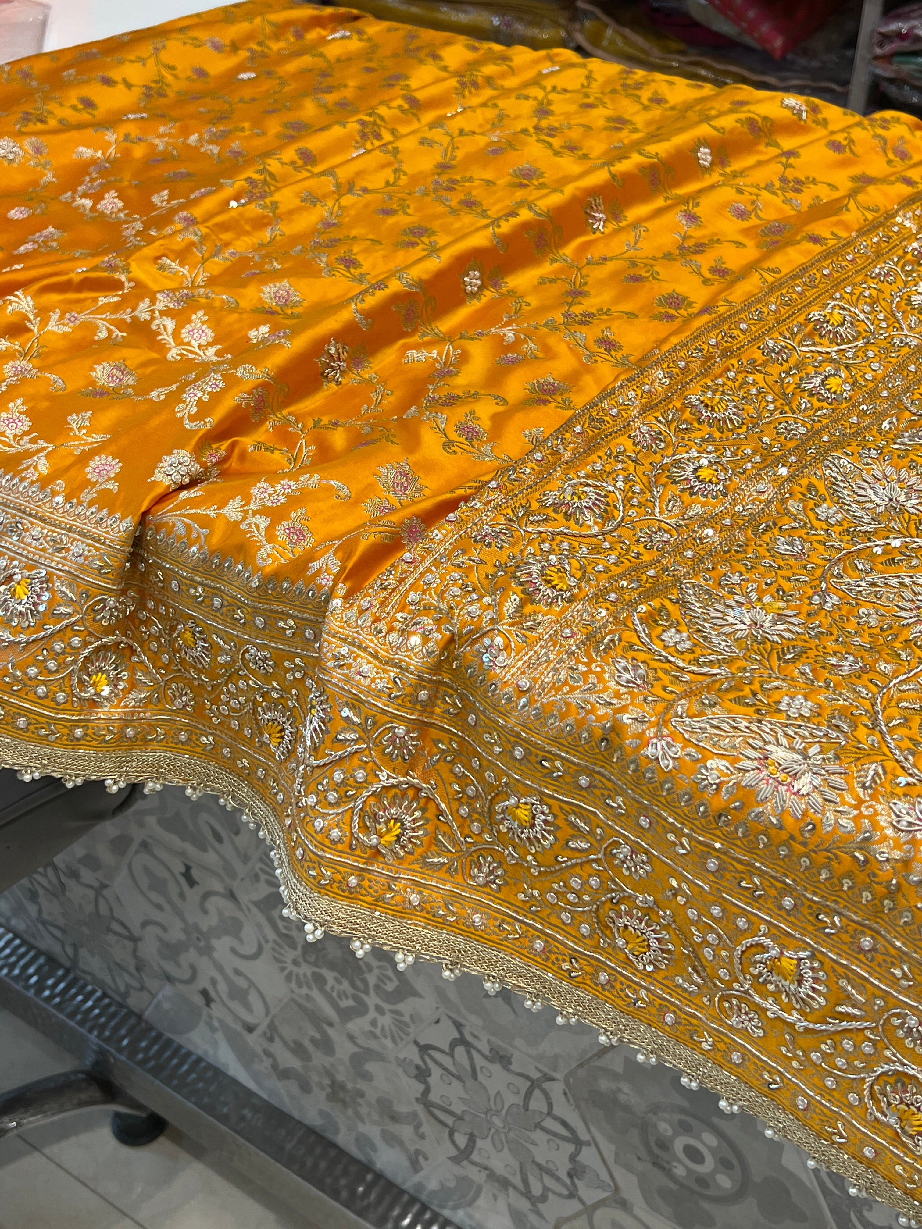 Mango Yellow Banarasi Upside Down Resham Zardosi Hand Embroidery