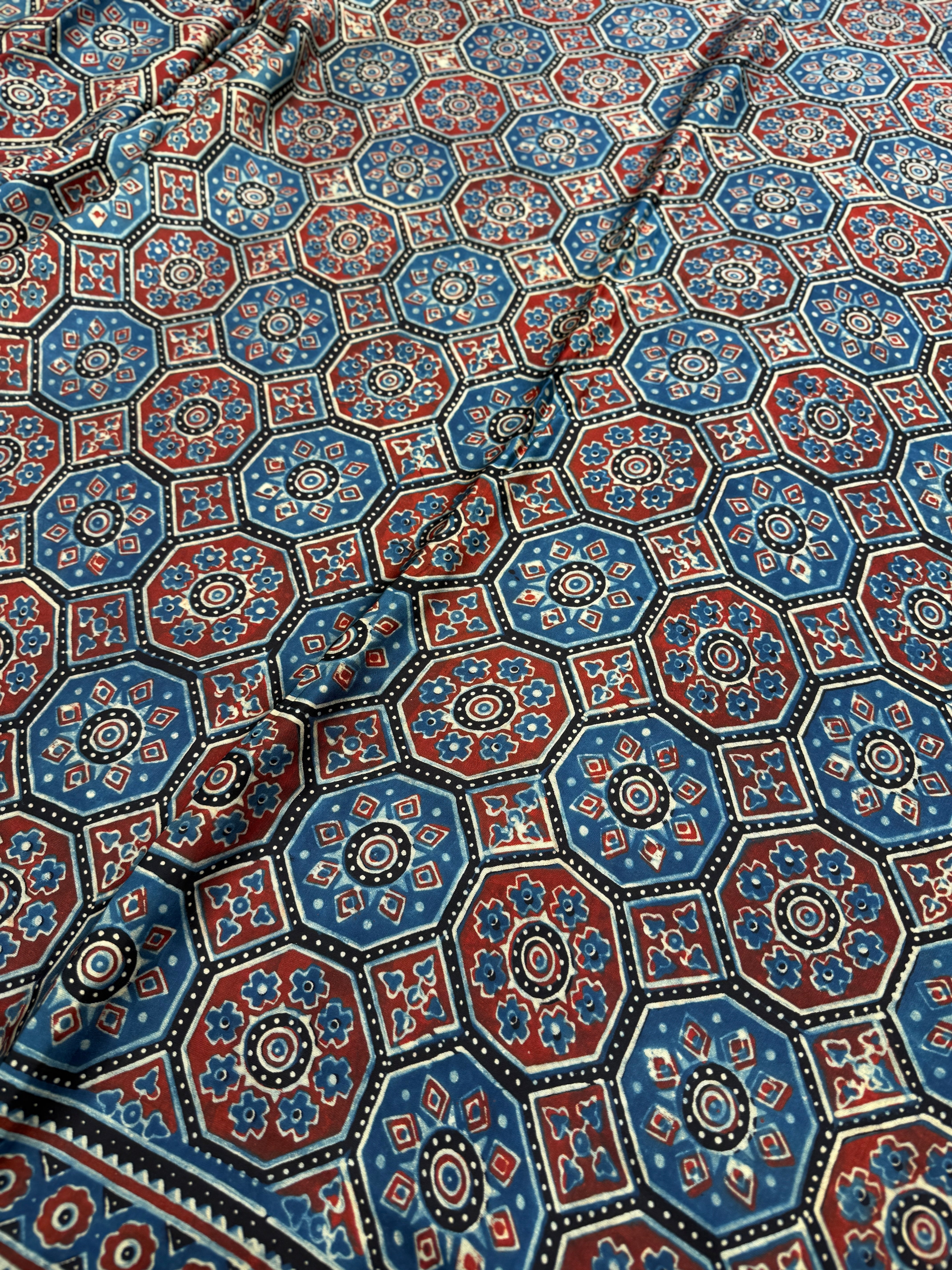 Blue Checkered Jewelled Jaal Ajrakh Saree