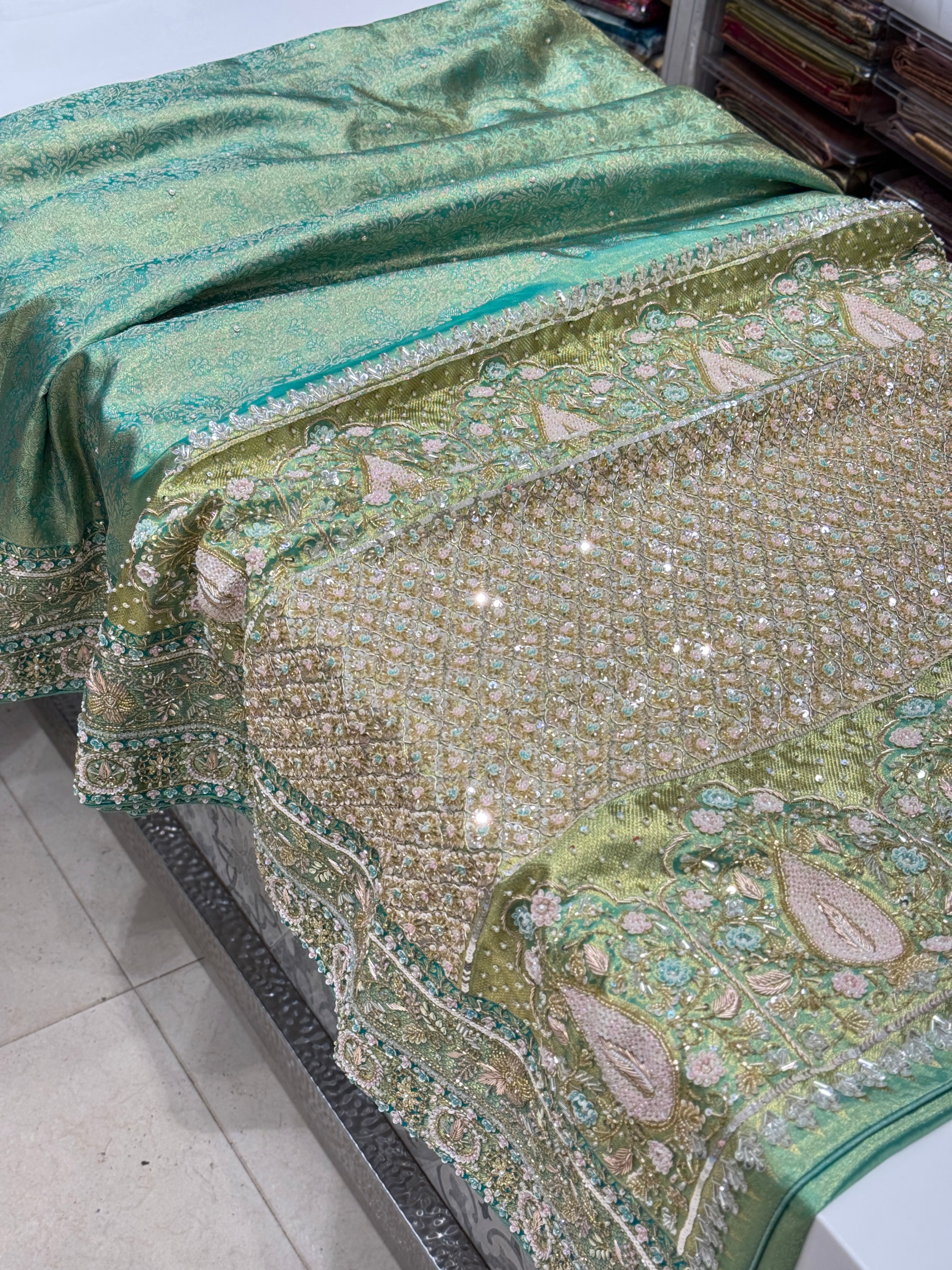 Pista Green Tissue Kanjivaram Hand Embroidery Saree