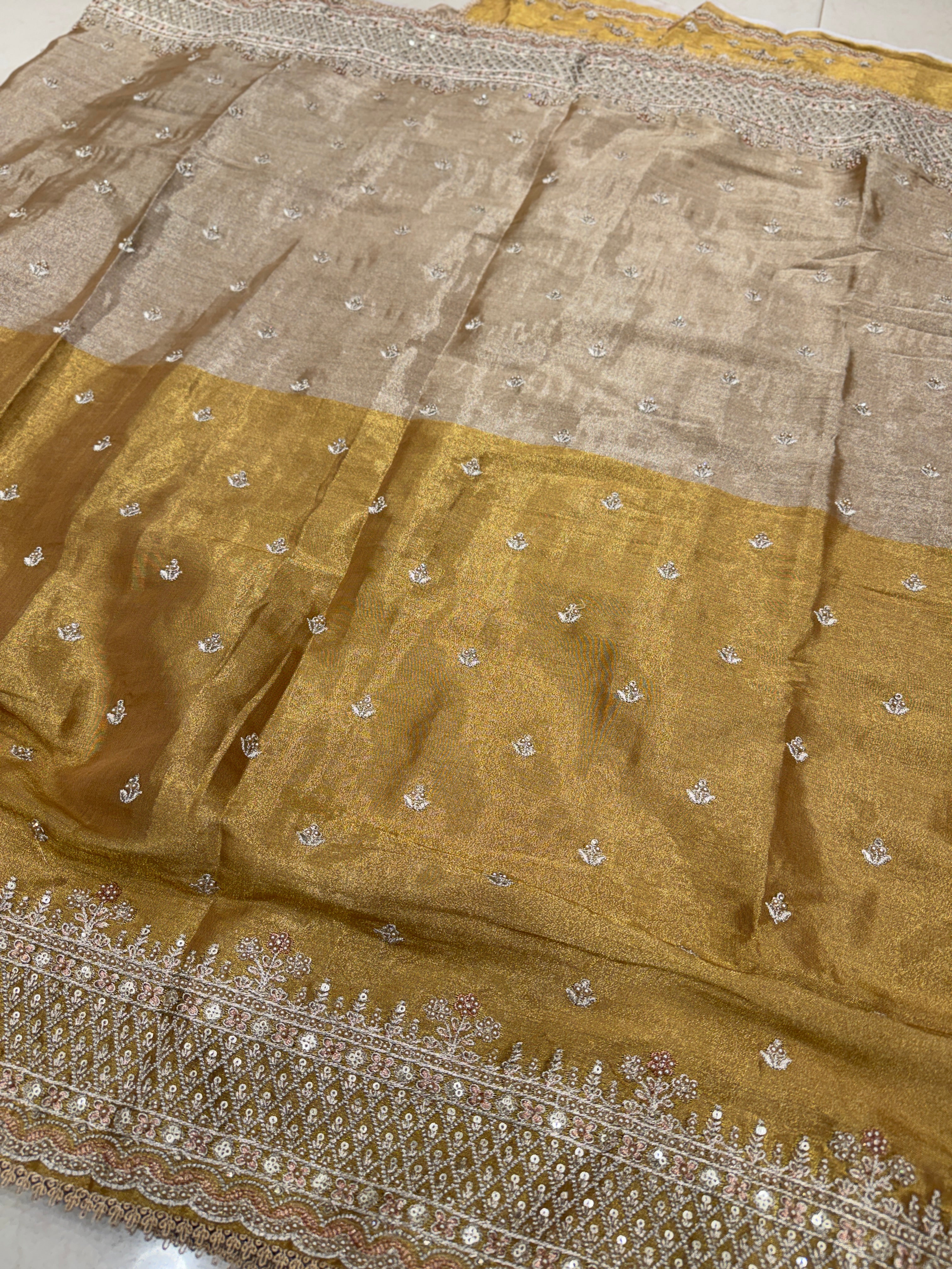 Golden Silver Soft Tissue Pita Embroidery Saree