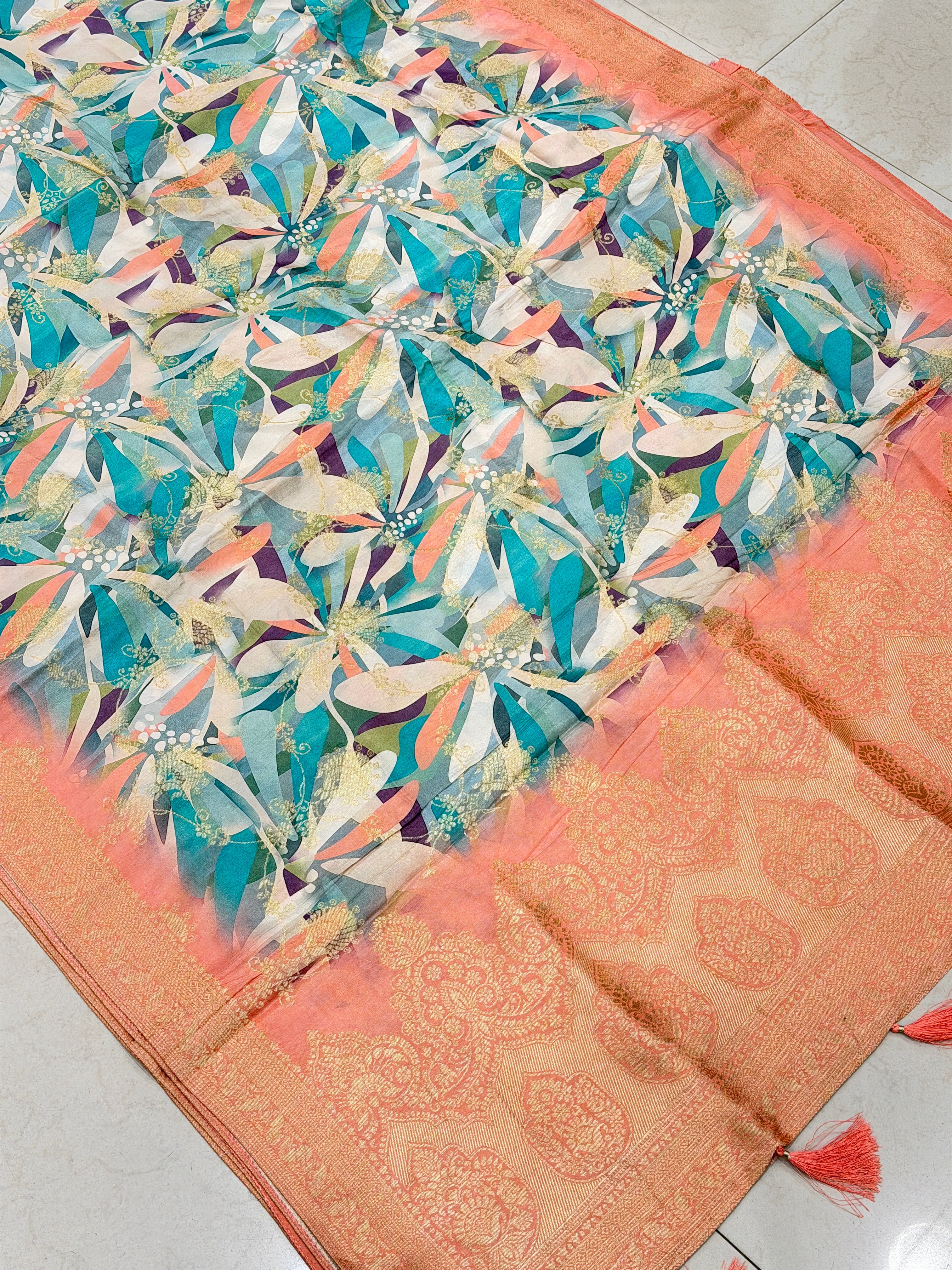 Abstract Floral Multi Colour Print Munga Soft Silk Saree