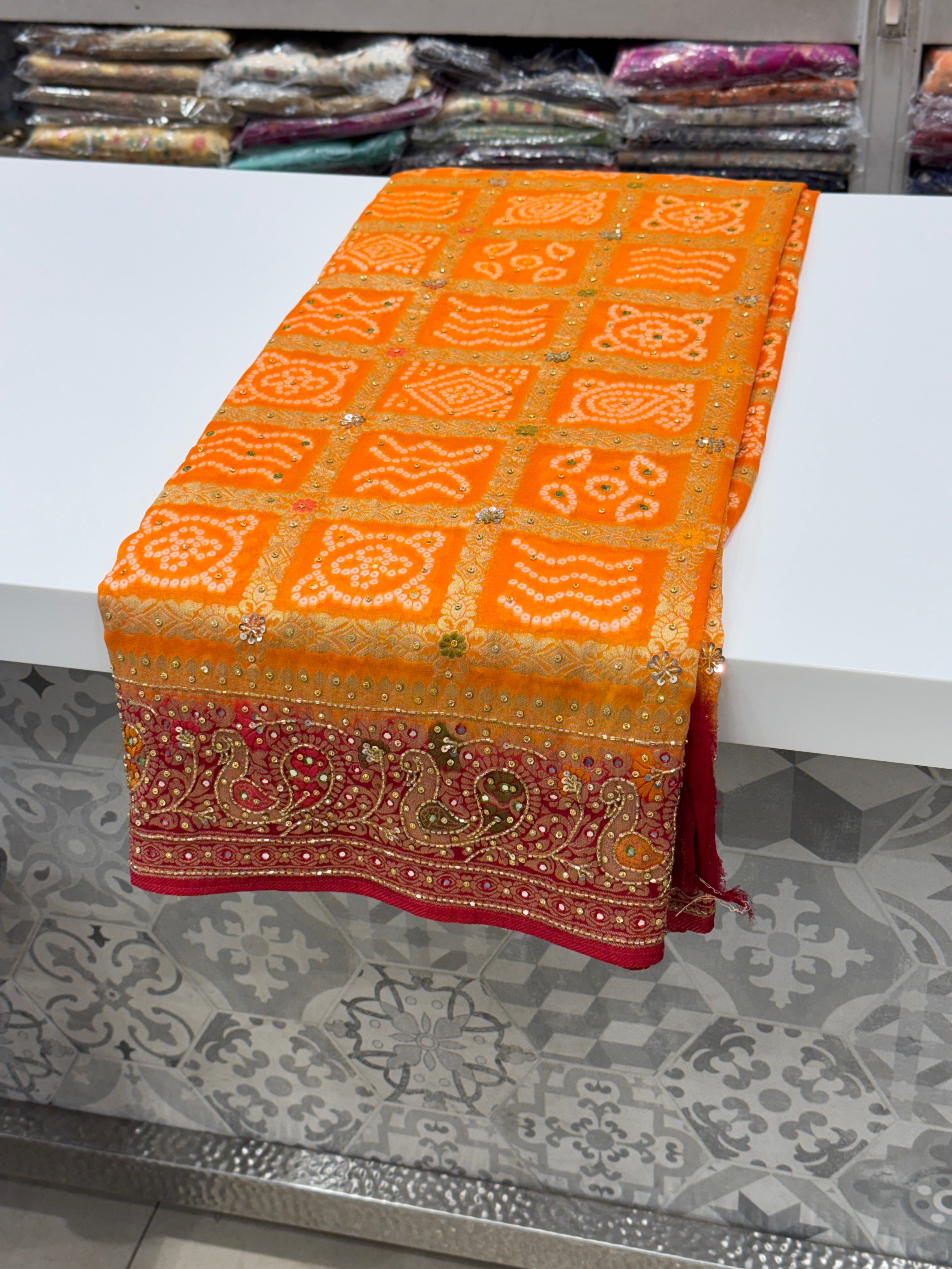 Orange Red Gharchola Hand Embroidery Saree
