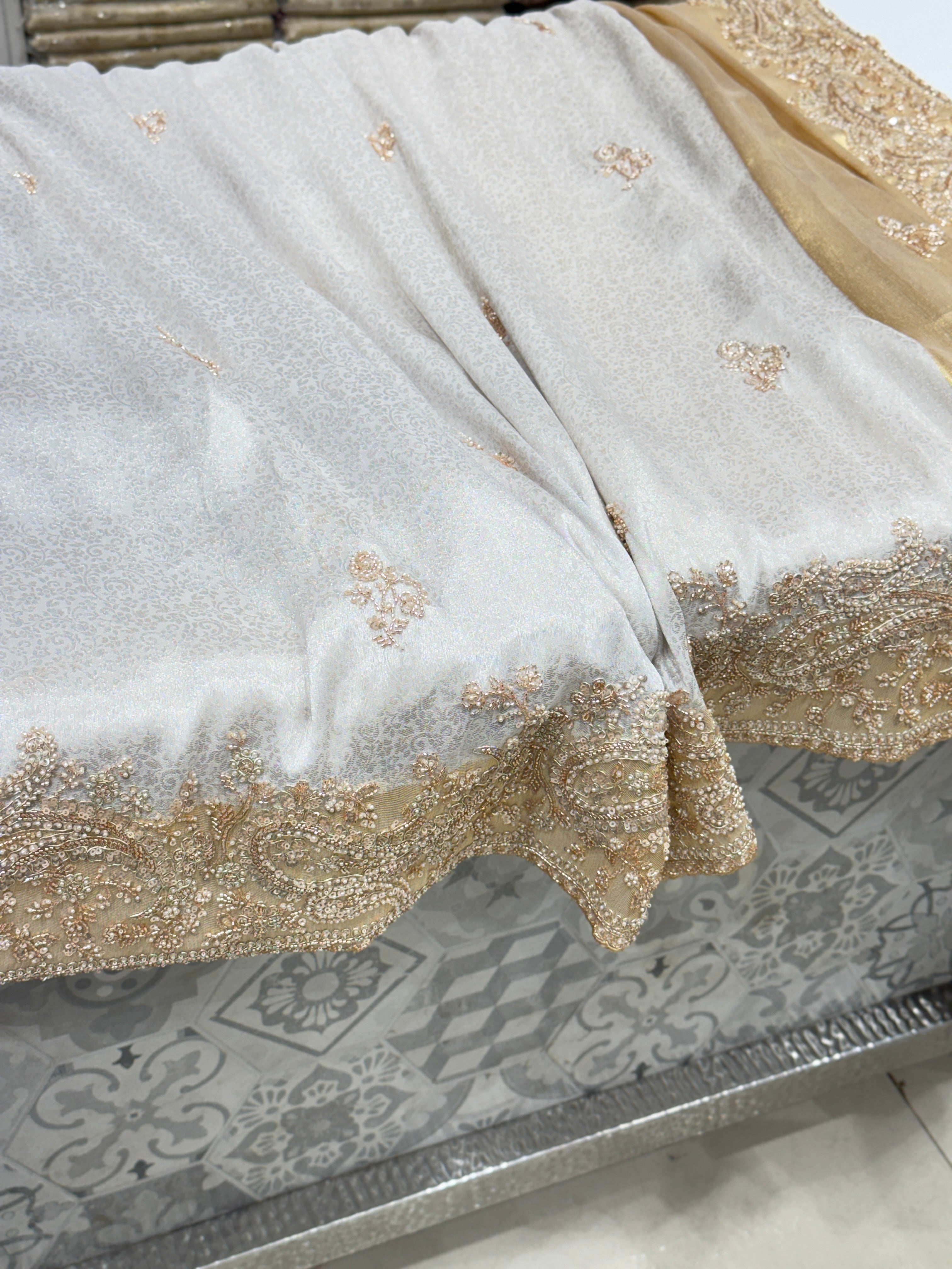 Silver Gold Floral Weave Soft Silk Moti Crystal Embroidery Saree