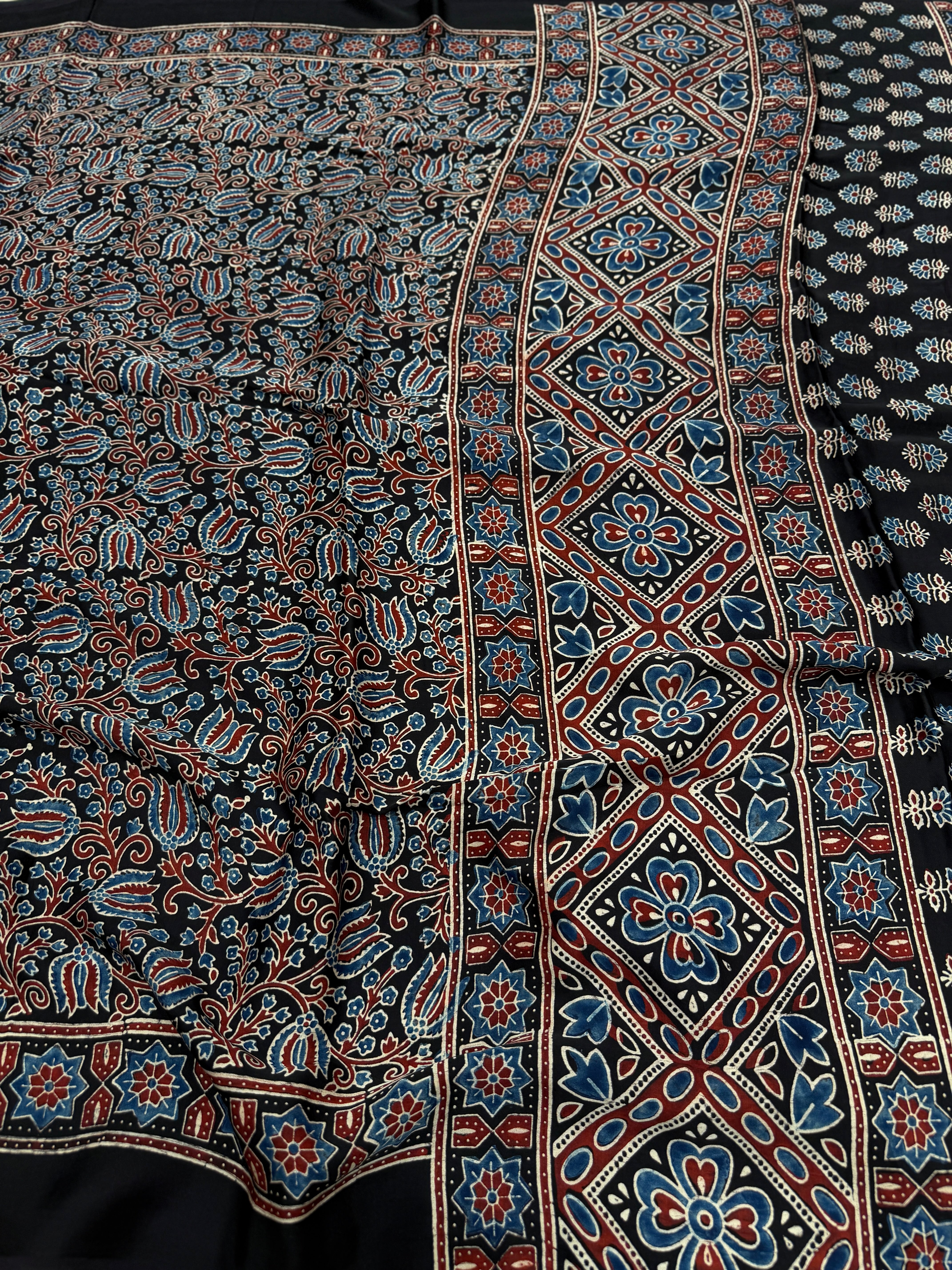 Black Floral Jaal Ajrakh Hand Block Print Pure Modal Silk Saree