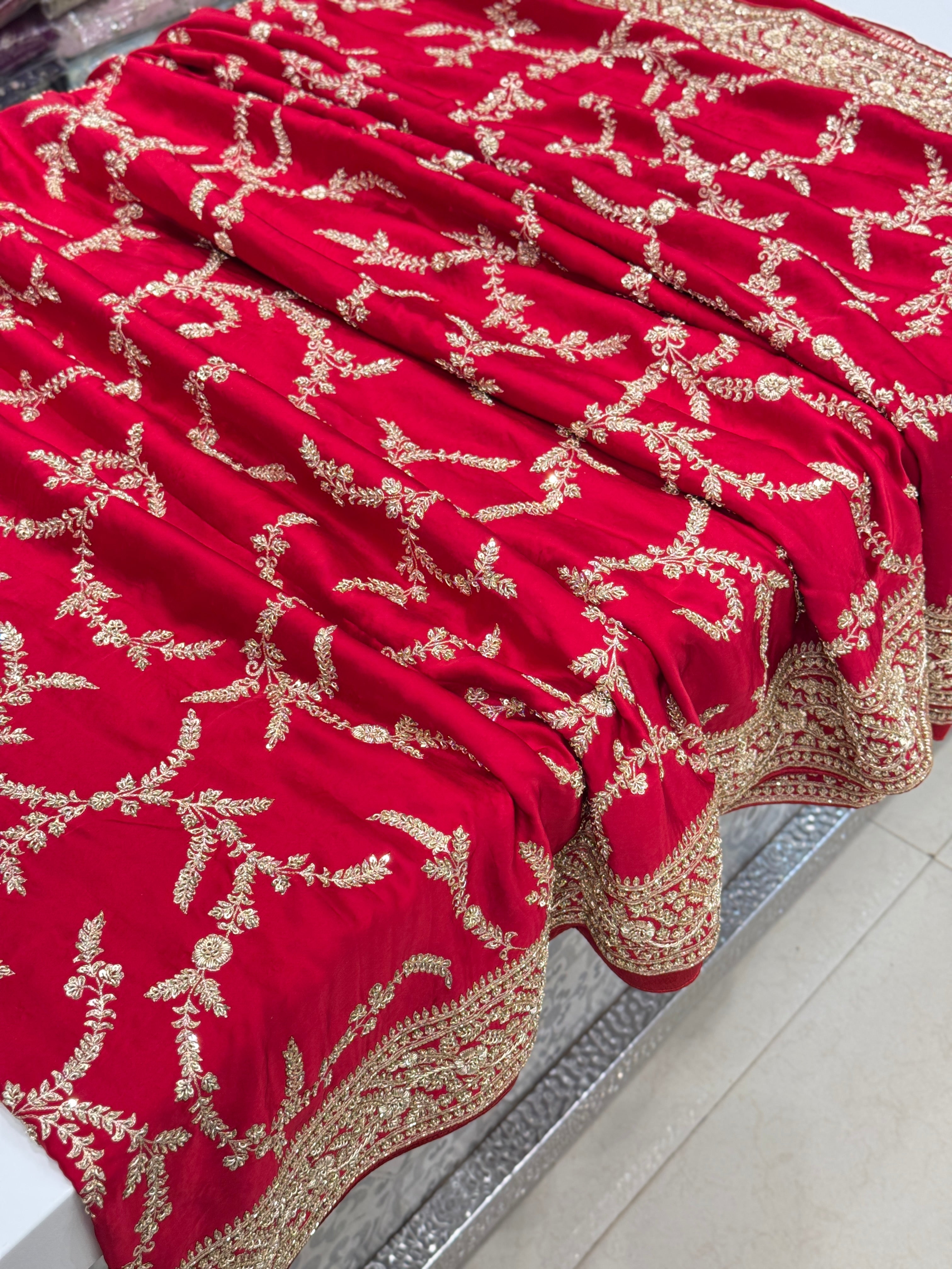 Red Hand Embroidery Jaal Pure Satin Zardosi Embroidery