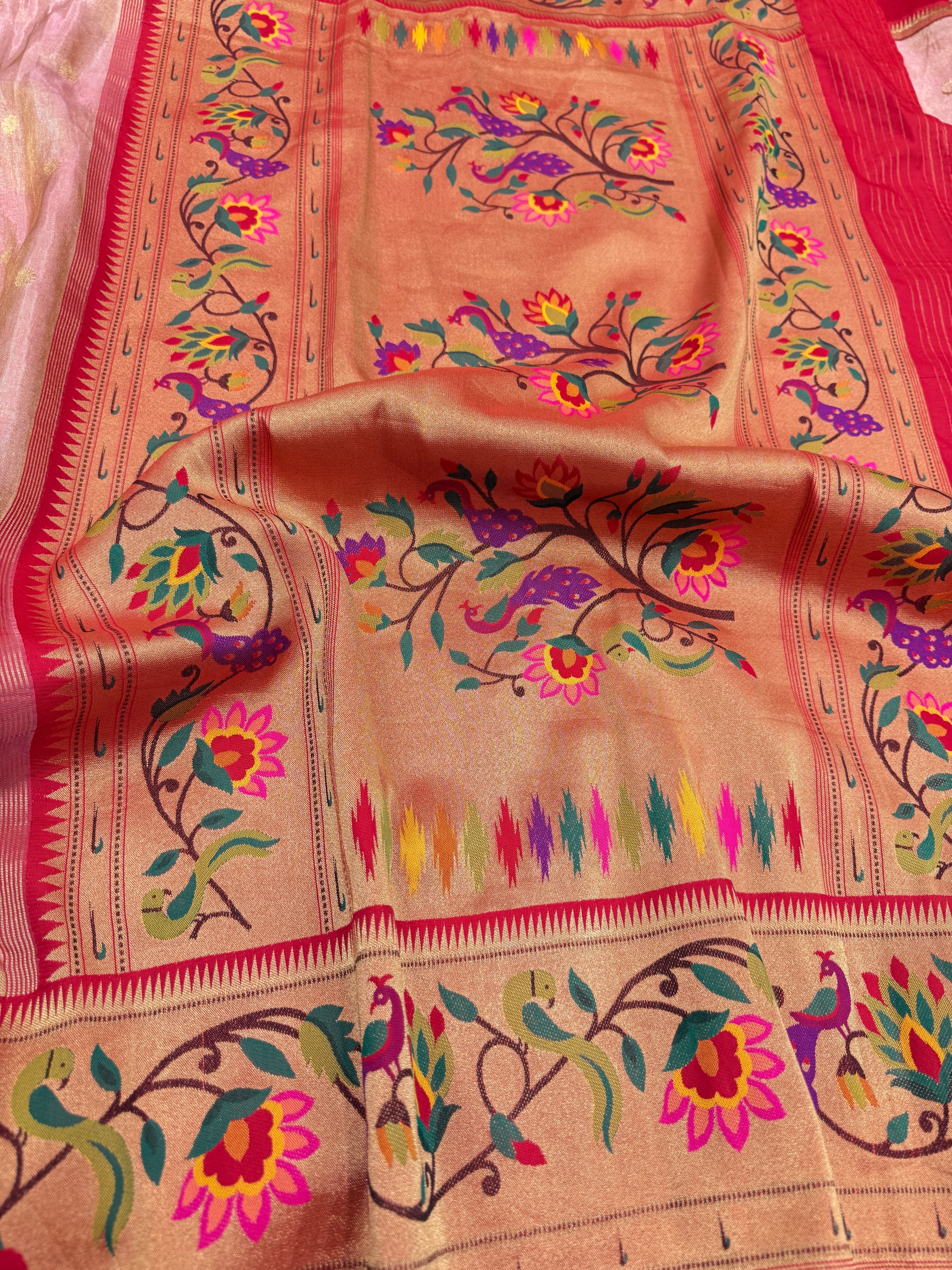 Pink Tissue Paithani Peacock Border Saree