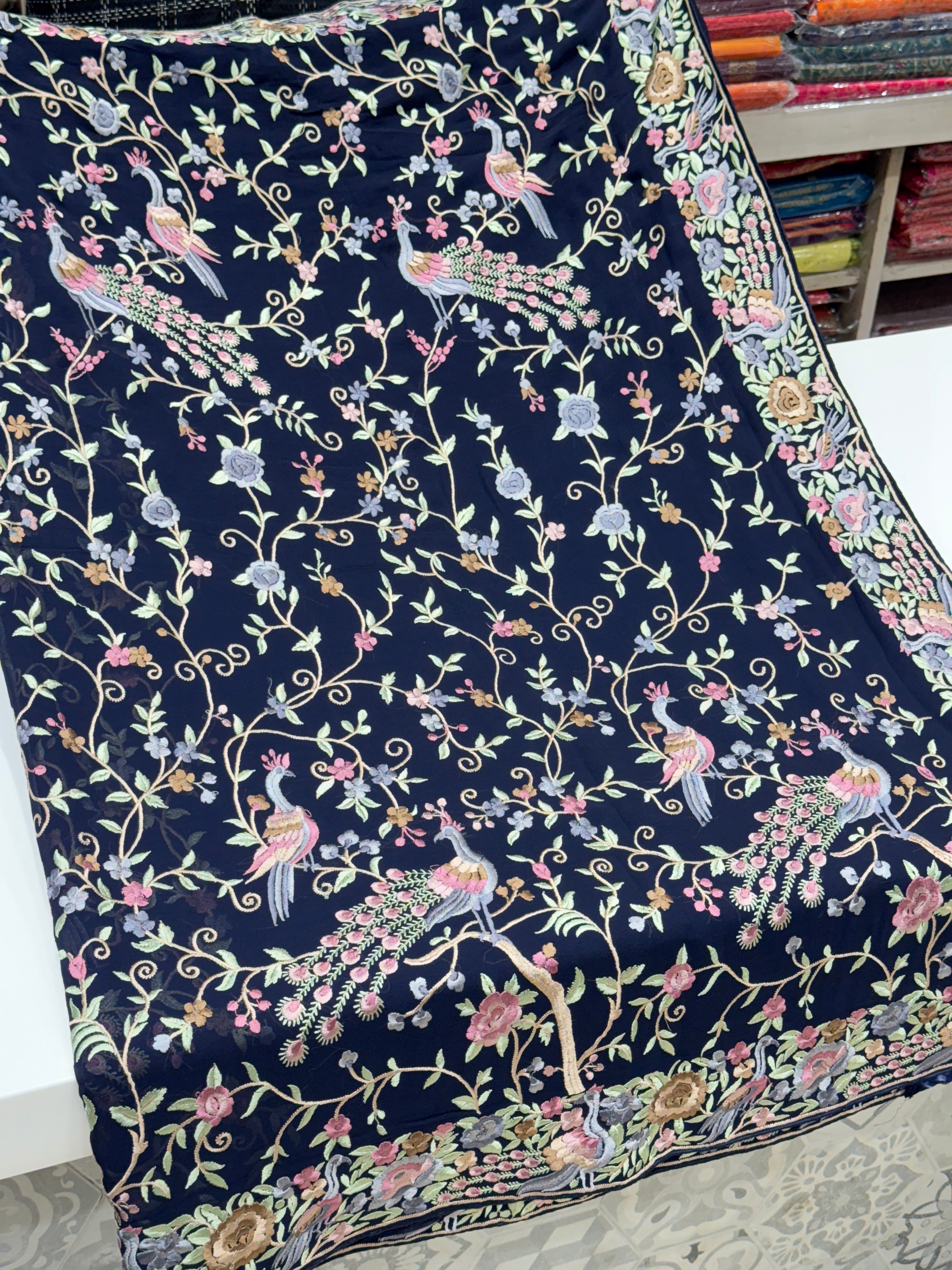 Blue Georgette Parsi Gara Peacock Design Saree