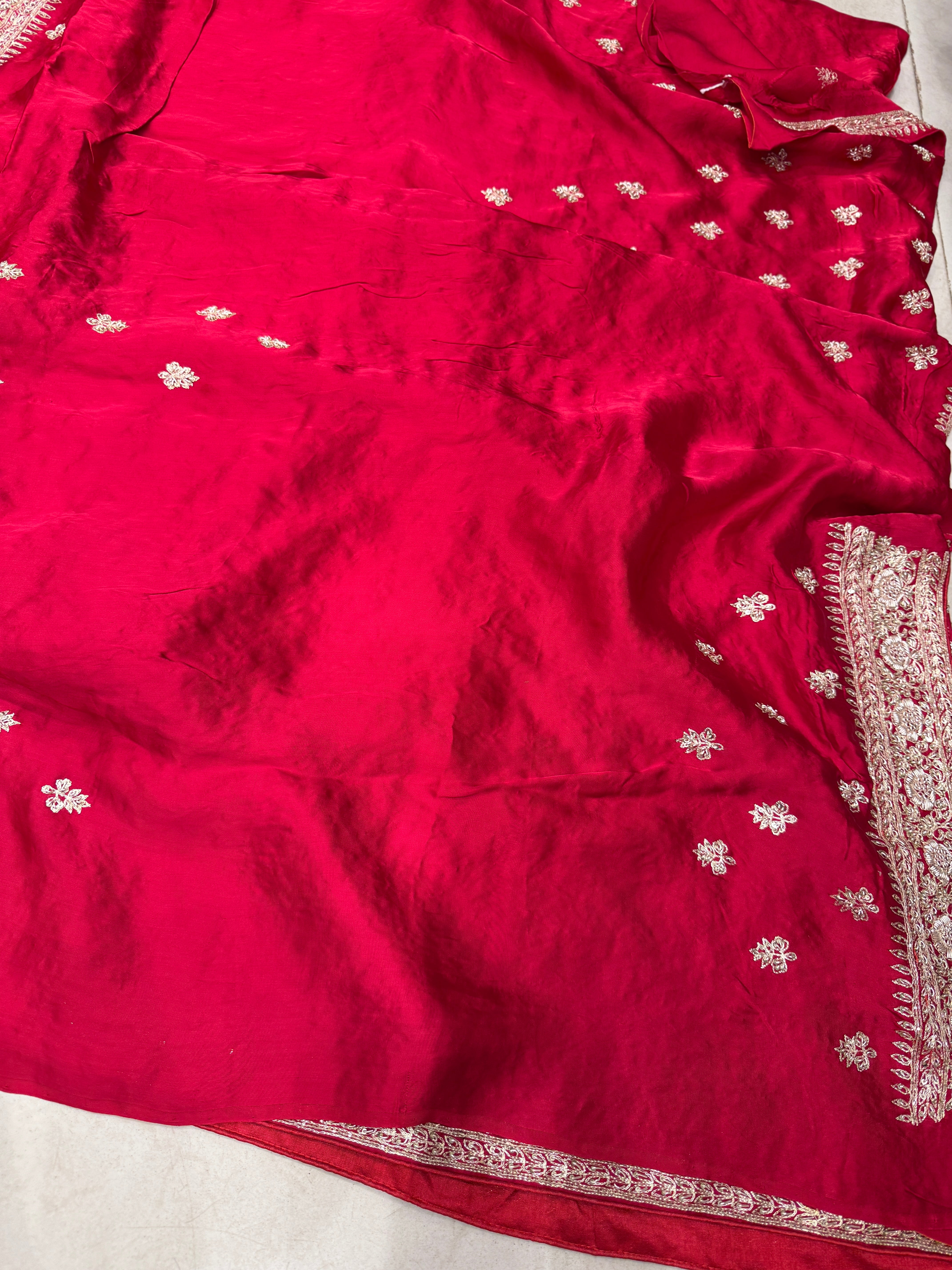 Red Hand Embroidery Mughal Jaal Pure Satin Zardosi Embroidery