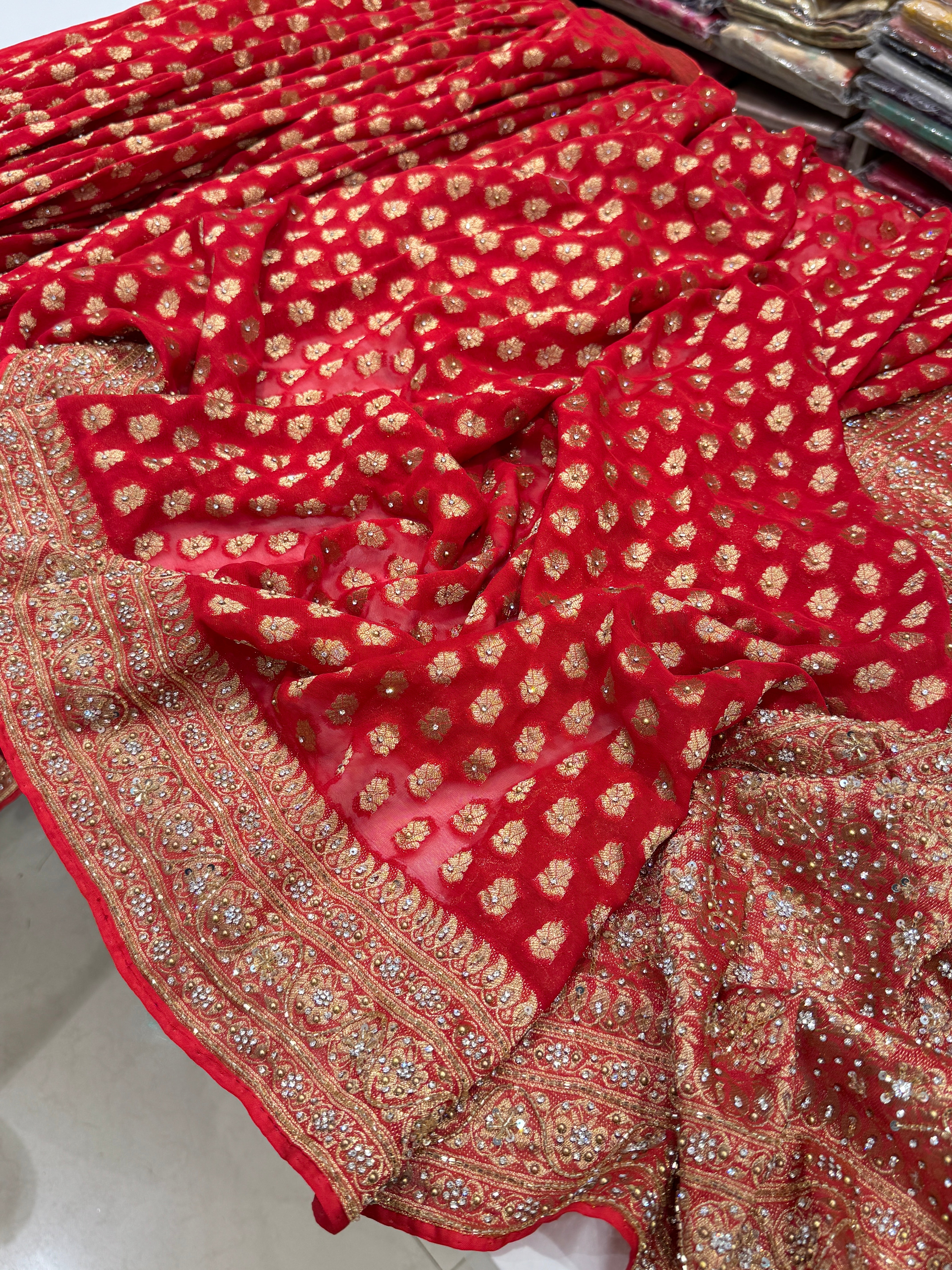 Red Banarasi Khaddi Georgette Hand Done Buttis